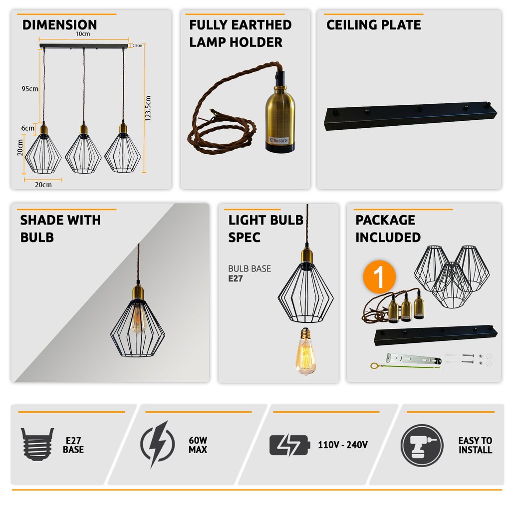 Industrial Vintage Retro 3-Head Wire Cage Ceiling Light E27 Dimmable Fixture