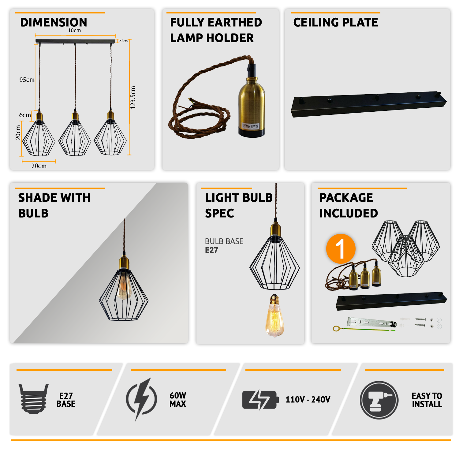 Industrial Vintage Retro 3-Head Wire Cage Ceiling Light E27 Dimmable Fixture