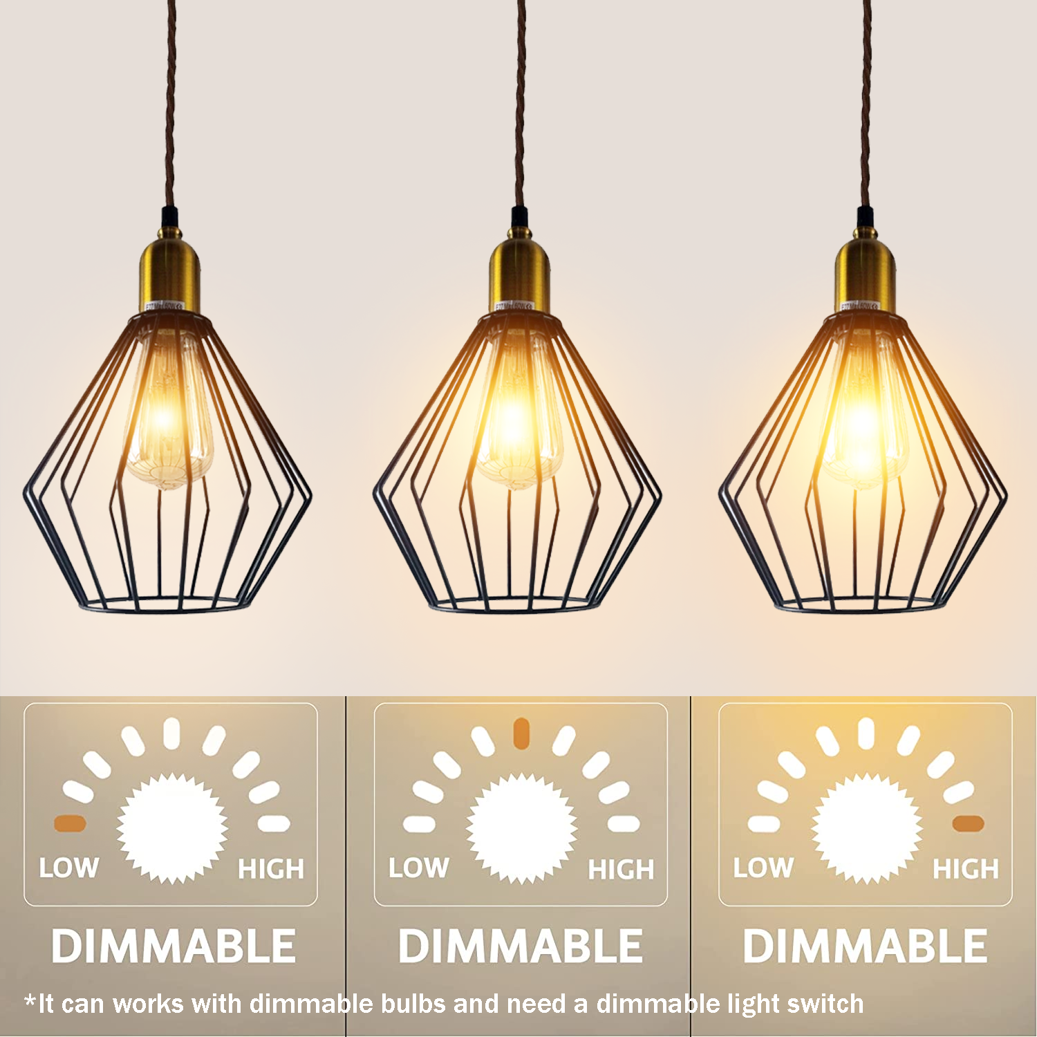 Industrial Vintage Retro 3-Head Wire Cage Ceiling Light E27 Dimmable Fixture