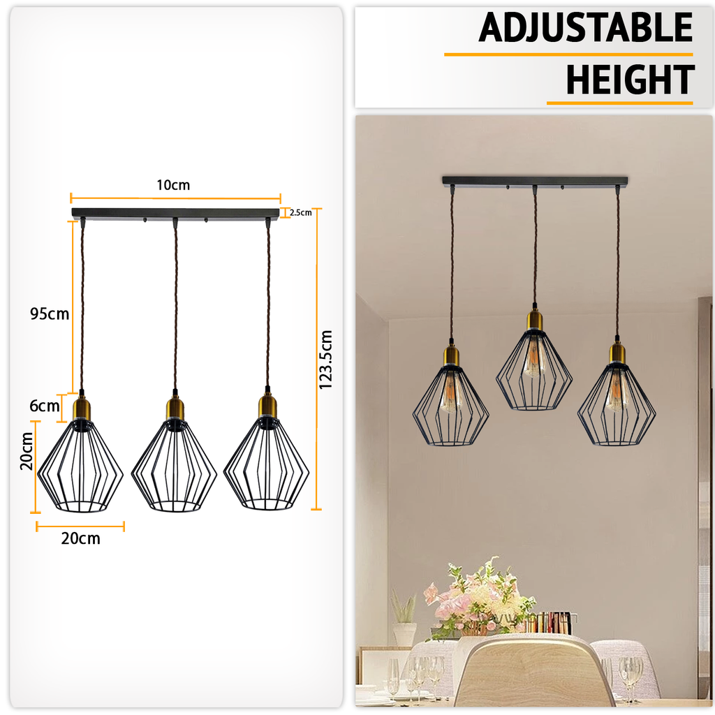 Industrial Vintage Retro 3-Head Wire Cage Ceiling Light E27 Dimmable Fixture