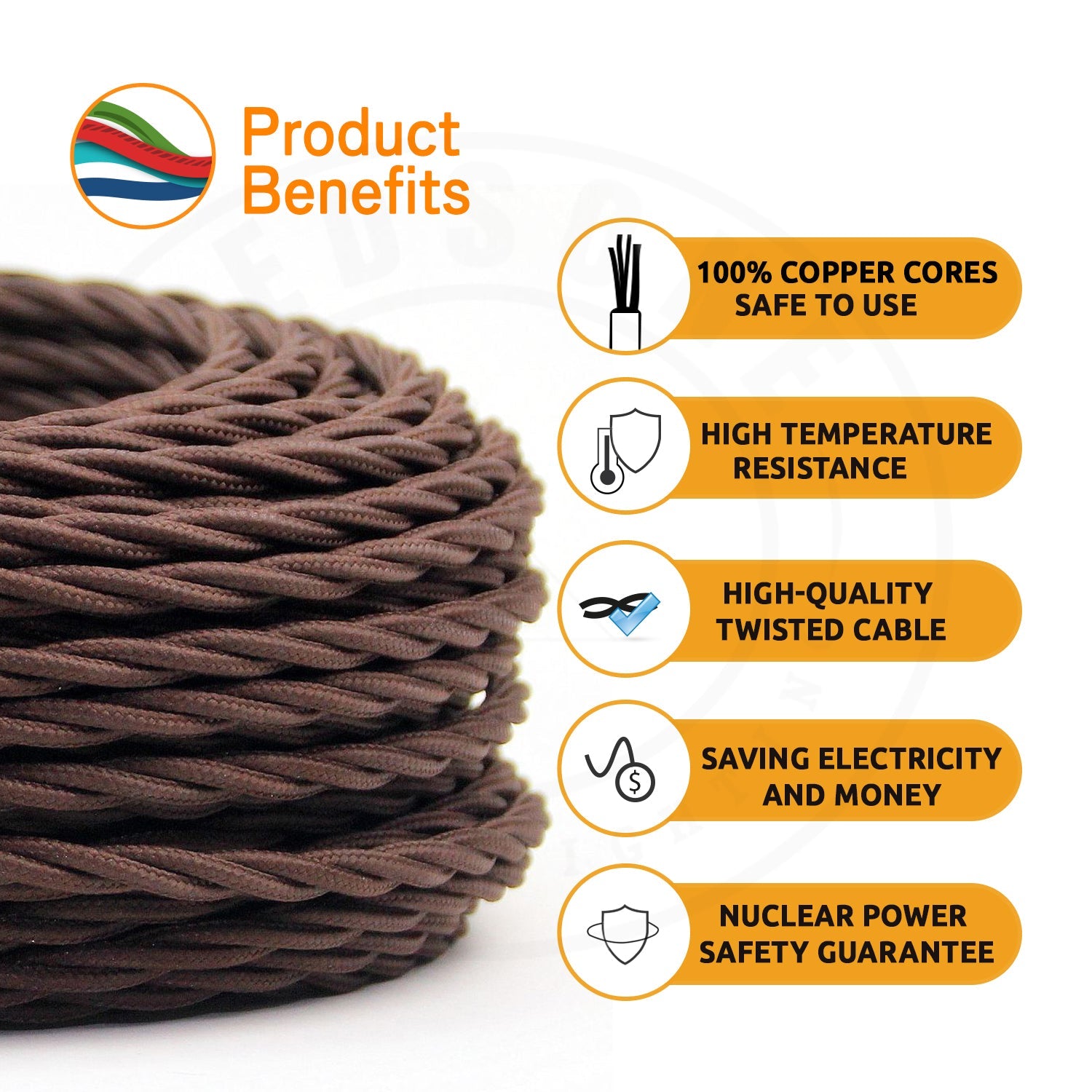 1m/3m/5m/10m 3 Core Twisted Brown 0.75mm Fabric Cable ~3064
