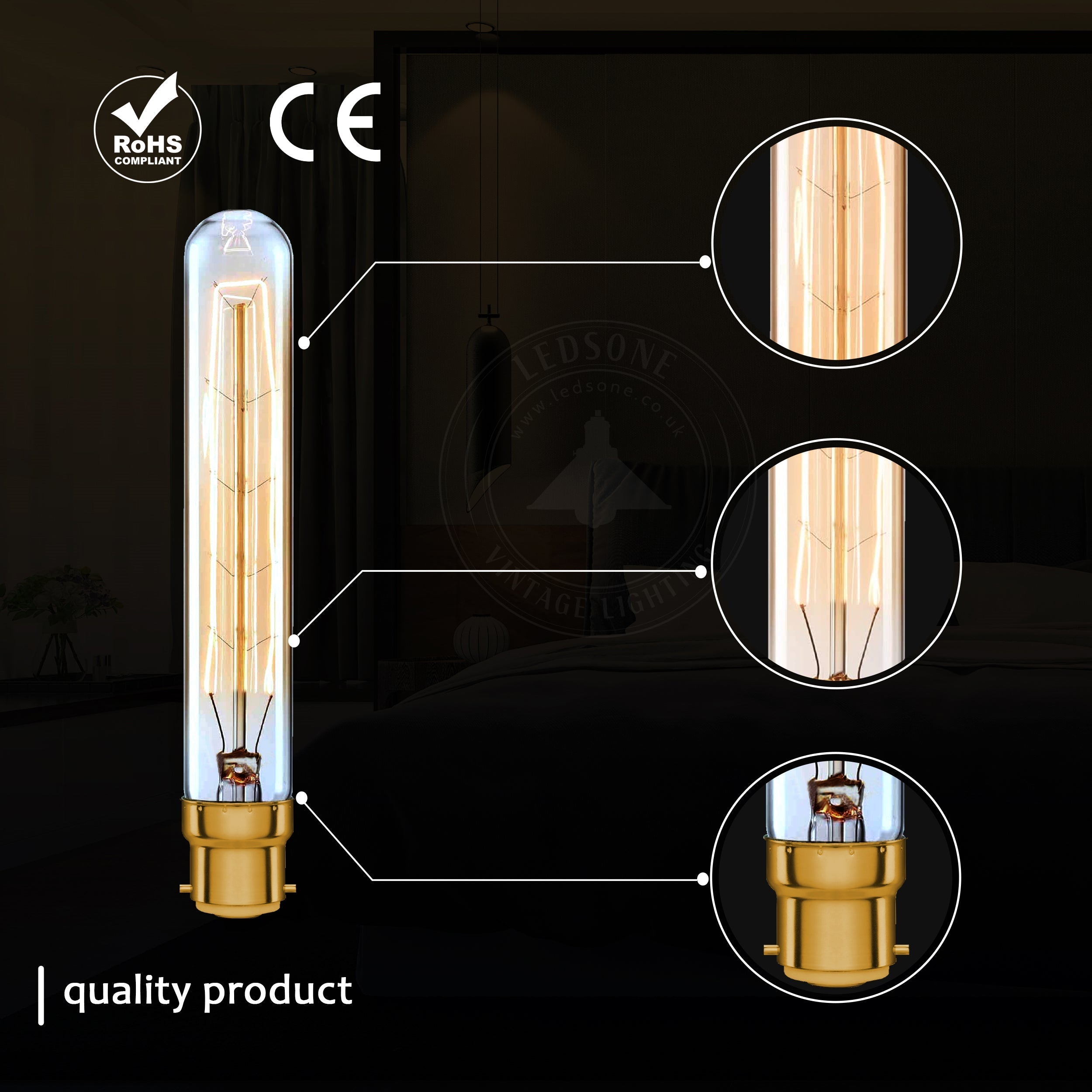 2 Pack Vintage Dimmable Incandescent B22 Amber Glass Warm White Light Bulbs
