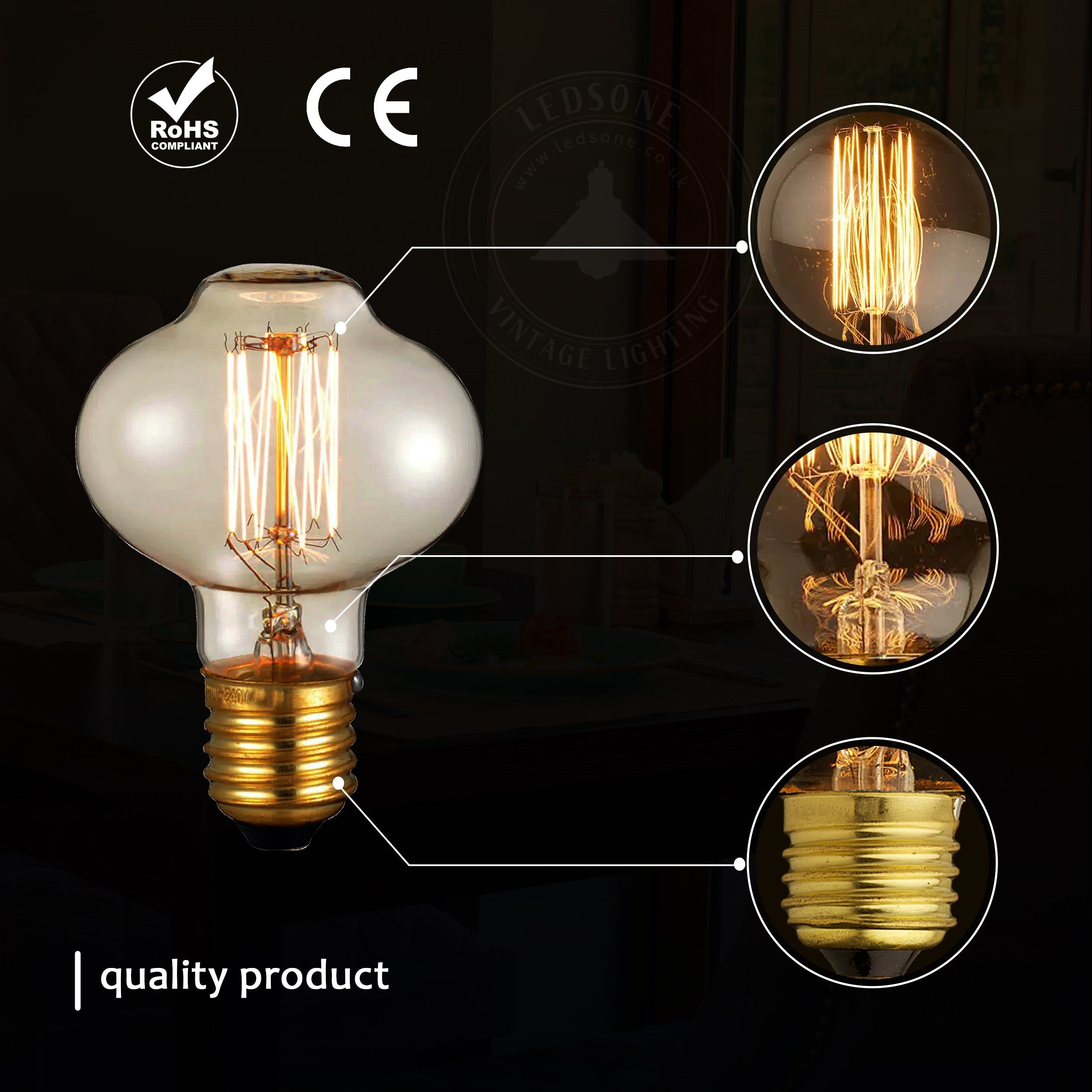 2-Pack Vintage Dimmable B22 G95 Amber Glass Incandescent Bulb Warm White Light