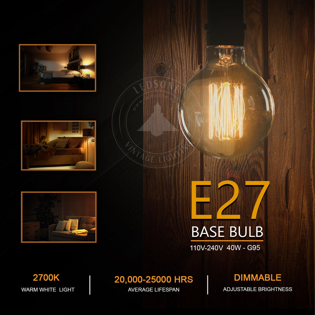 2-Pack Vintage Dimmable B22 G95 Amber Glass Incandescent Bulb Warm White Light