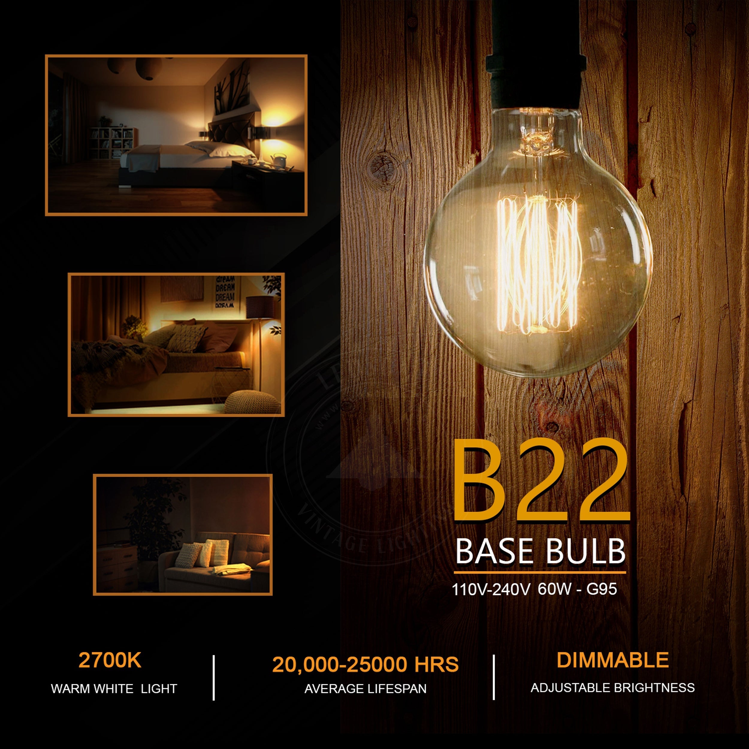 2-Pack Vintage Dimmable B22 G95 Amber Glass Incandescent Bulb Warm White Light