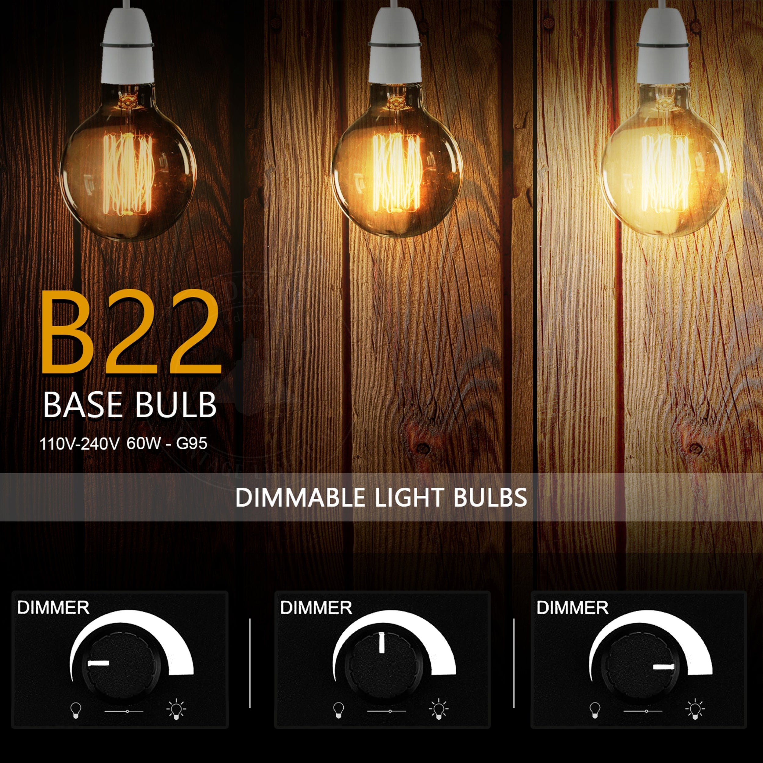 2-Pack Vintage Dimmable B22 G95 Amber Glass Incandescent Bulb Warm White Light