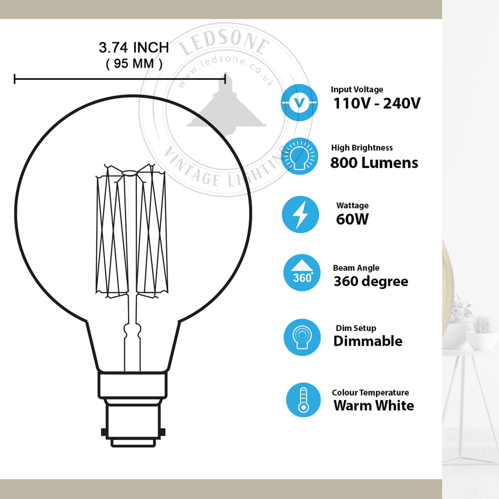 2-Pack Vintage Dimmable B22 G95 Amber Glass Incandescent Bulb Warm White Light