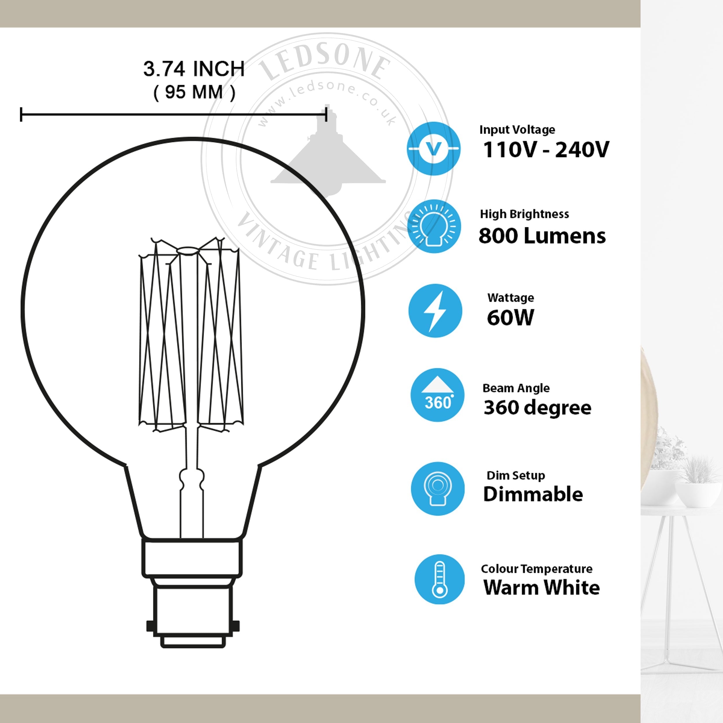 2 Pack Vintage Dimmable Incandescent B22 Amber Glass Warm White Light Bulbs