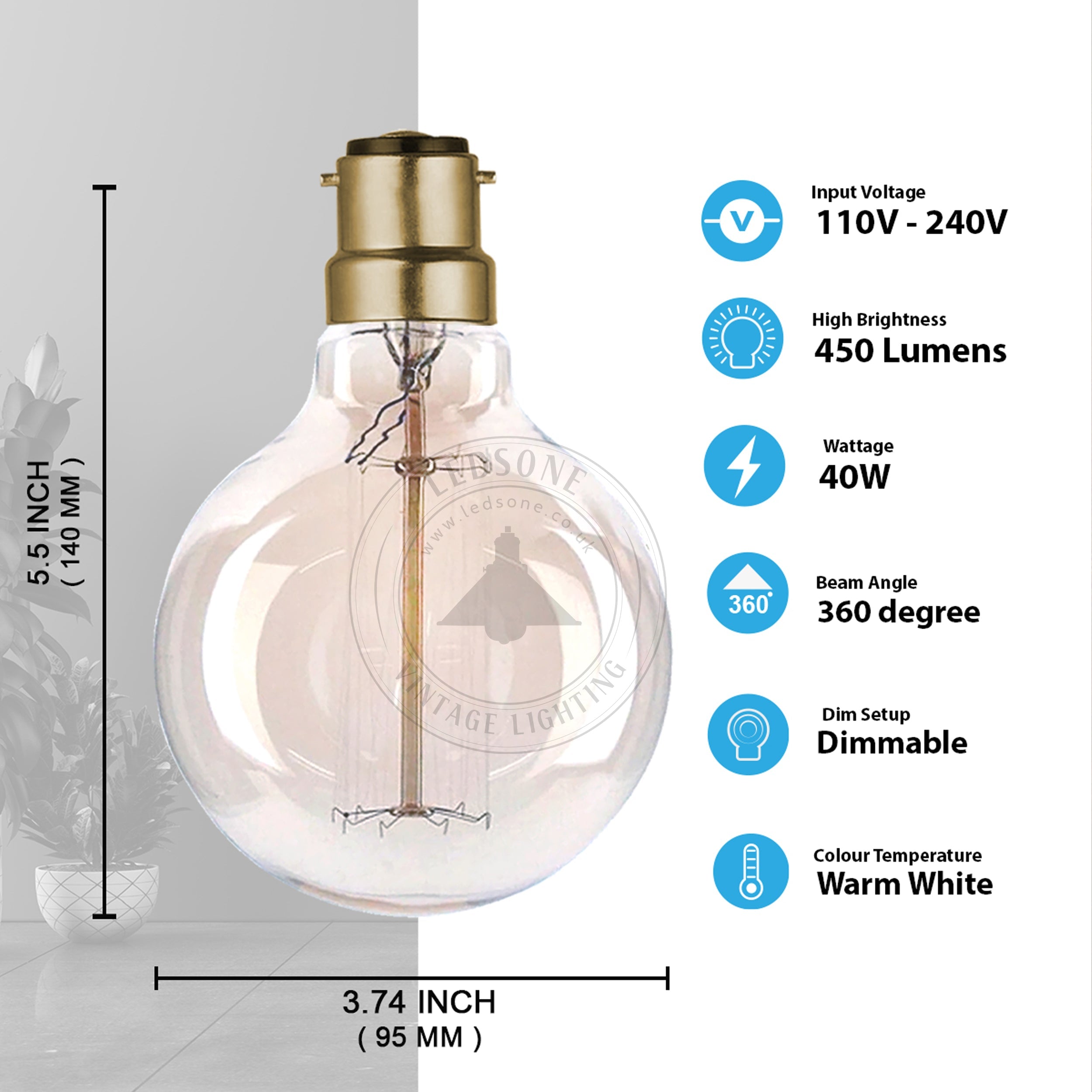 2-Pack Vintage Dimmable LED Edison Bulbs Amber Glass Warm White 2700K