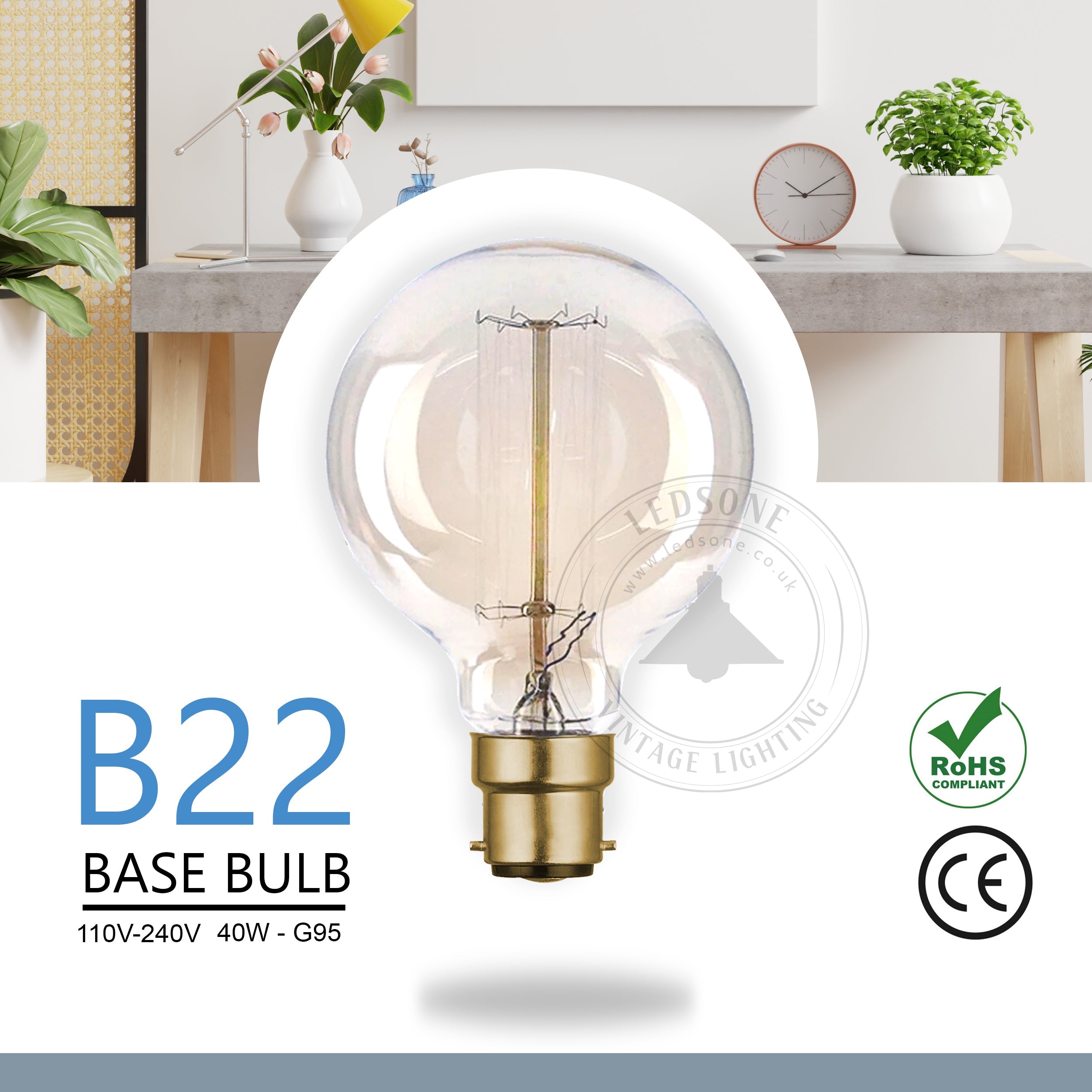 2 Pack Vintage Dimmable Incandescent B22 Amber Glass Warm White Light Bulbs