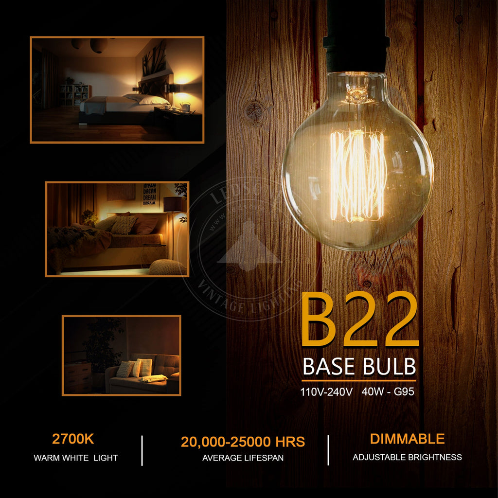 2-Pack Vintage Dimmable B22 G95 Amber Glass Incandescent Bulb Warm White Light
