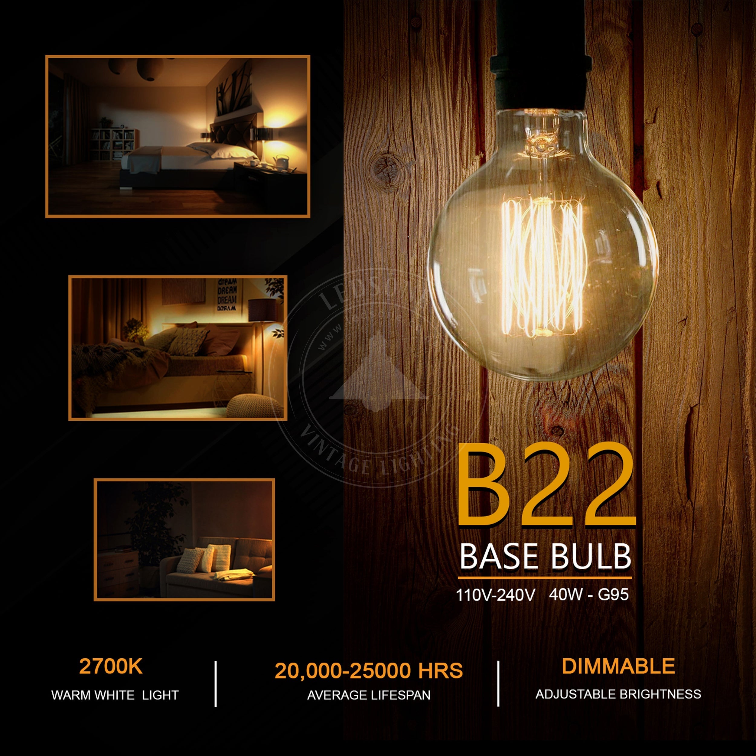 2-Pack Vintage Dimmable B22 G95 Amber Glass Incandescent Bulb Warm White Light