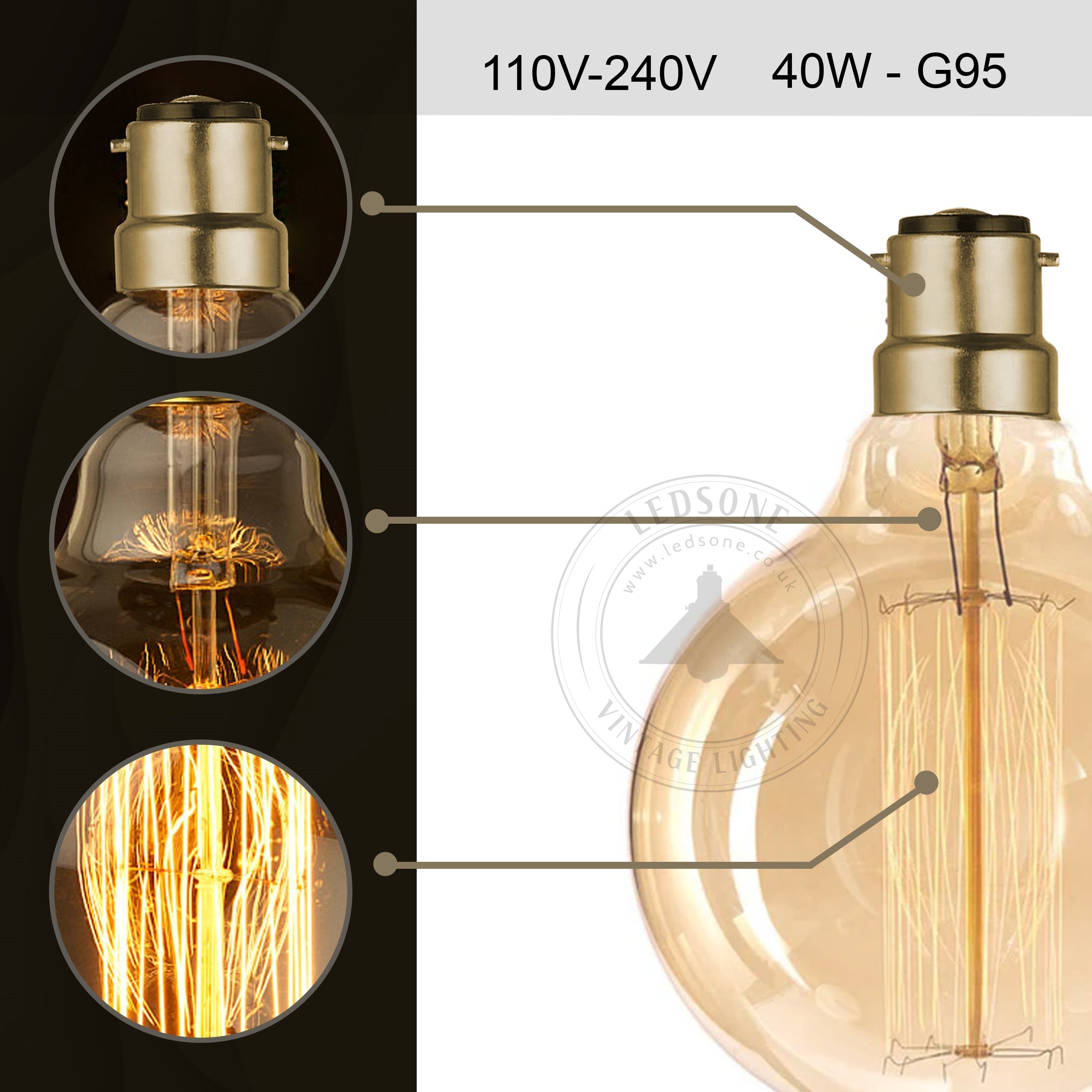 2 Pack Vintage Dimmable Incandescent B22 Amber Glass Warm White Light Bulbs