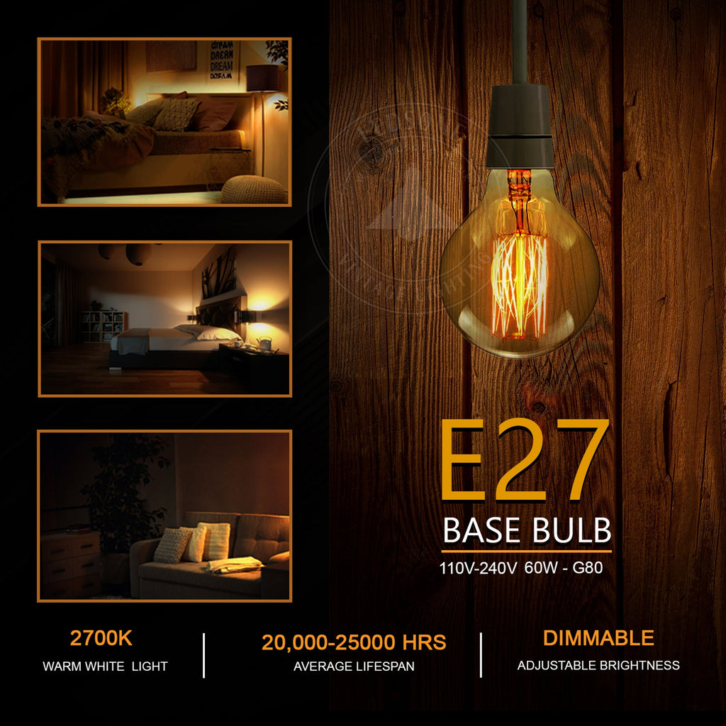 2-Pack Vintage Dimmable B22 G95 Amber Glass Incandescent Bulb Warm White Light