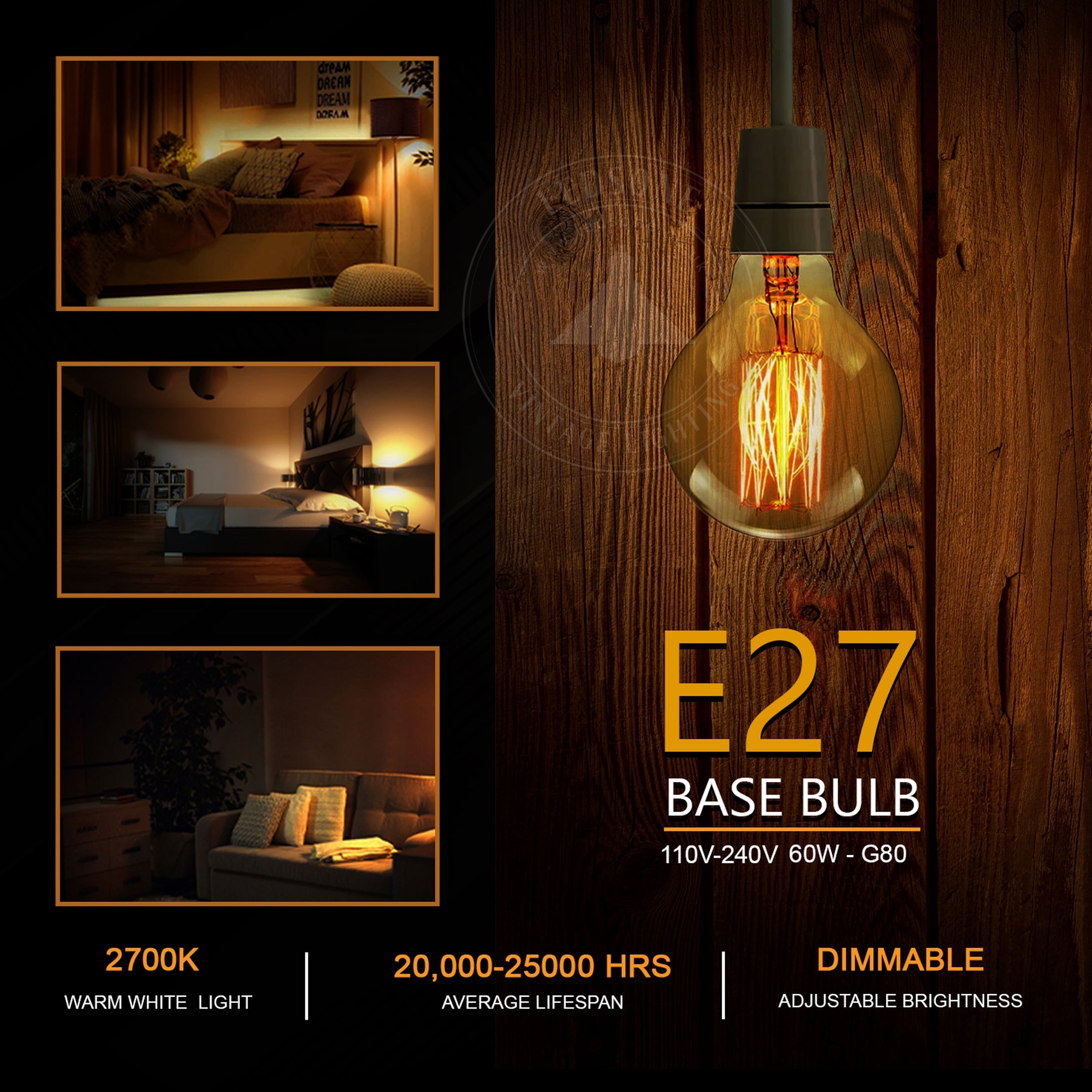2-Pack Vintage Dimmable B22 G95 Amber Glass Incandescent Bulb Warm White Light