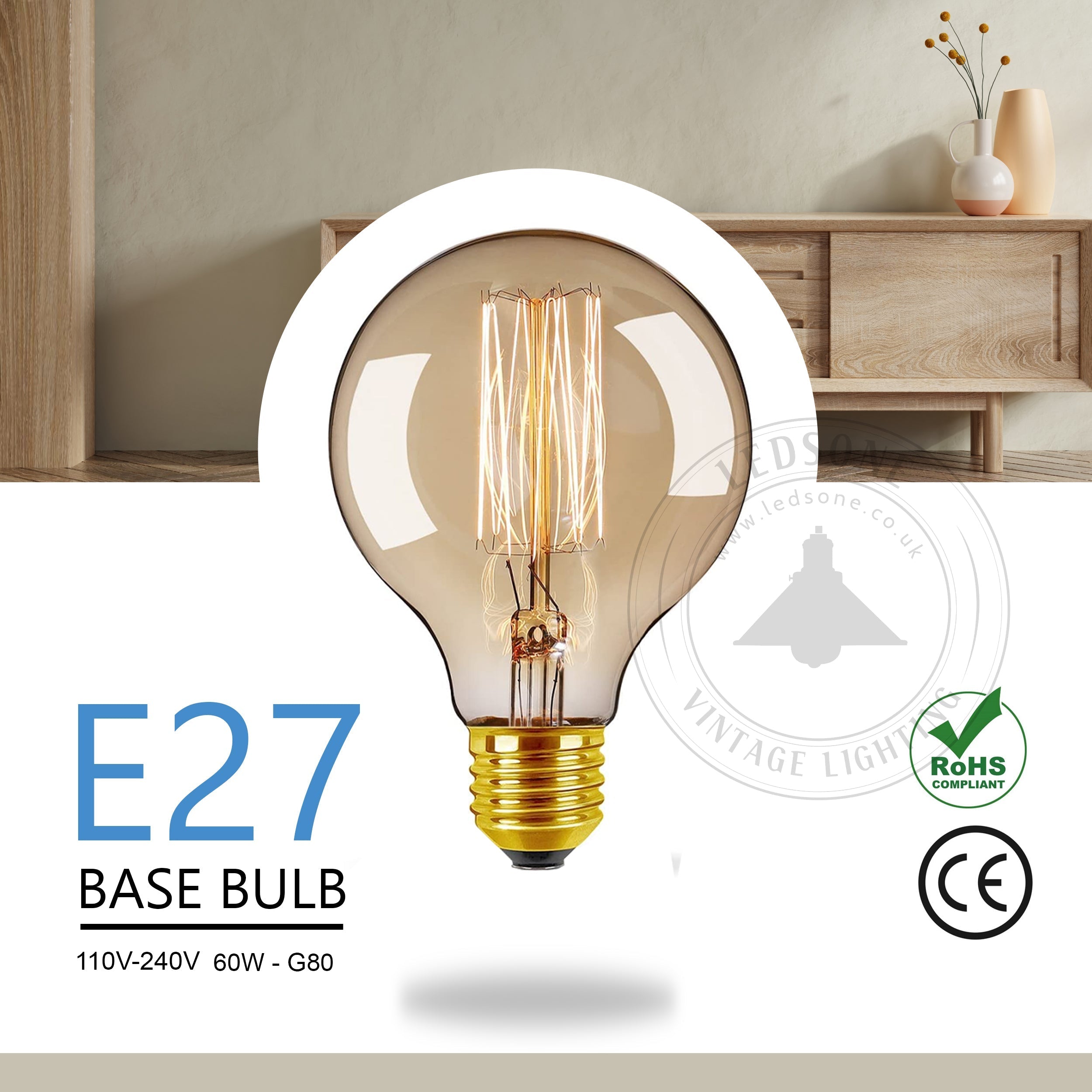 2-Pack Vintage Dimmable B22 G95 Amber Glass Incandescent Bulb Warm White Light