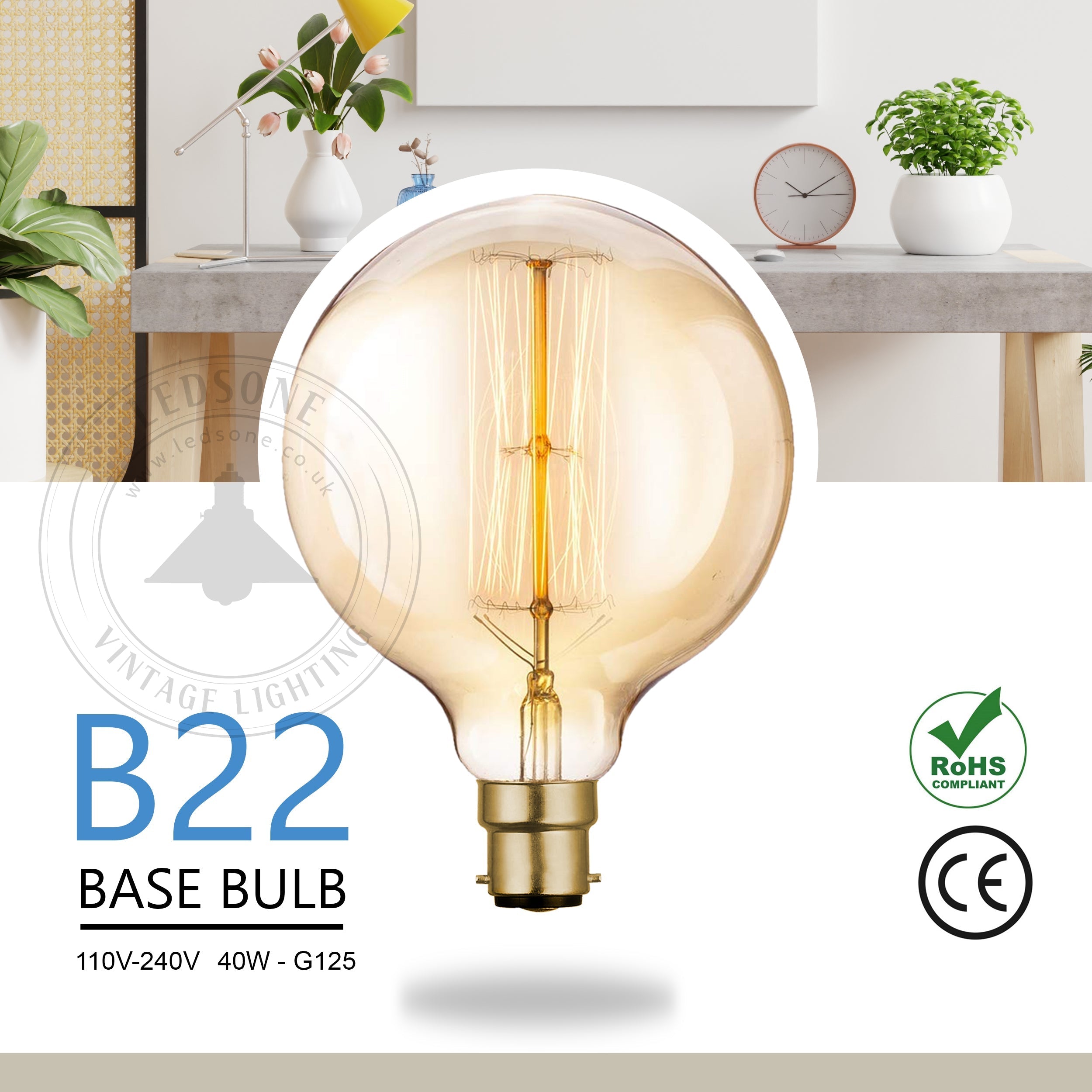 2 Pack Vintage Dimmable Incandescent B22 Amber Glass Warm White Light Bulbs