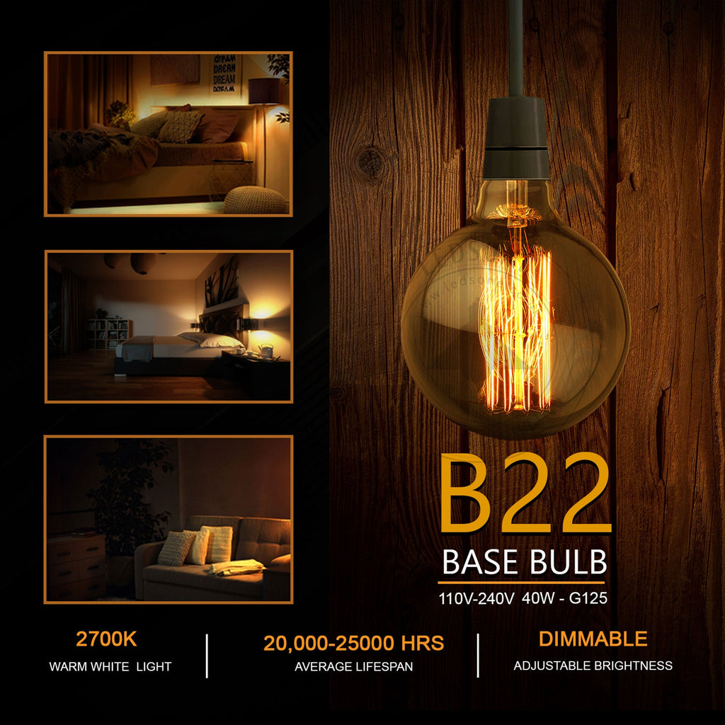 2-Pack Vintage Dimmable B22 G95 Amber Glass Incandescent Bulb Warm White Light
