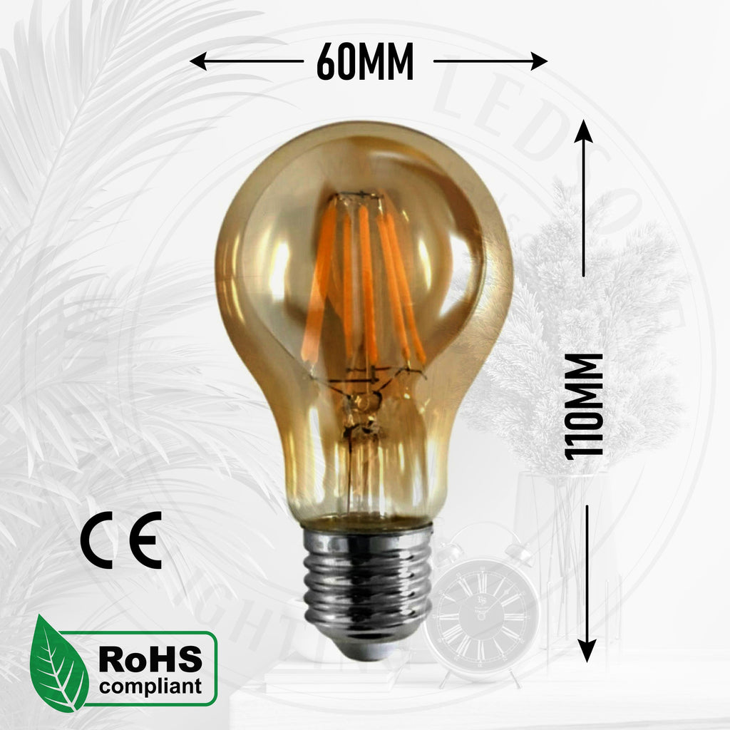 A60 Dimmable LED Filament Bulb E27 8W Warm White Energy Saving Vintage