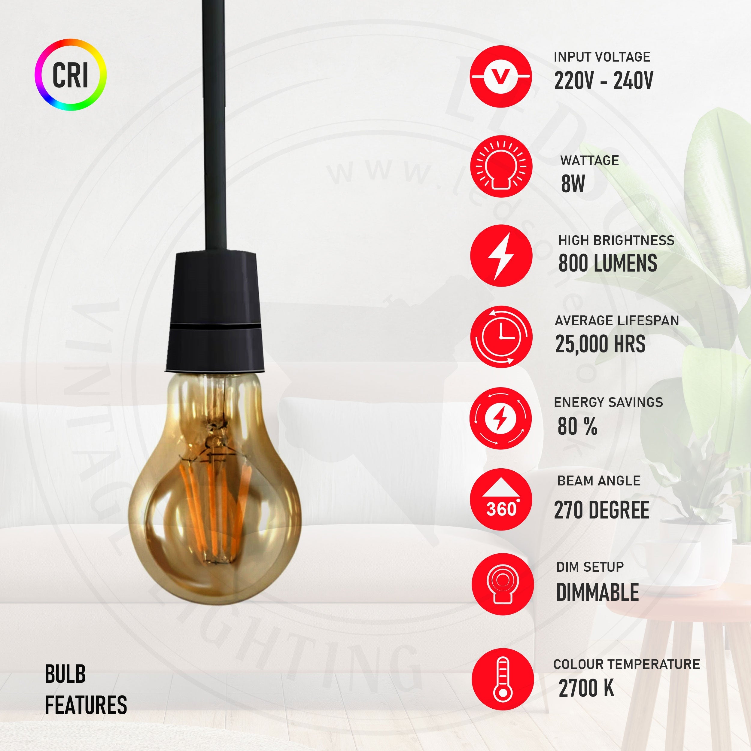 A60 Dimmable LED Filament Bulb E27 8W Warm White Energy Saving Vintage