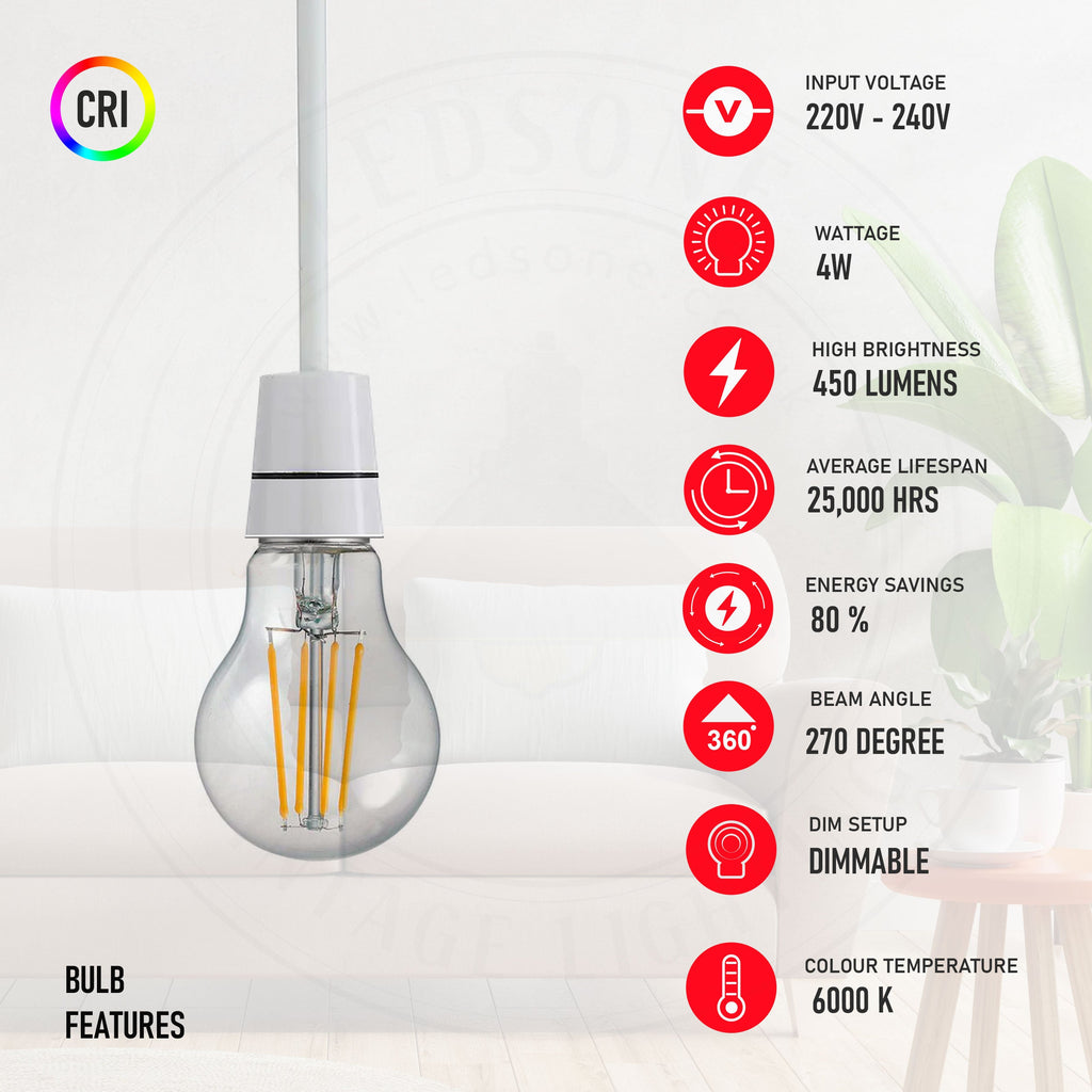 Dimmable A60 LED Filament Bulb B22 4W Cool White 6000K Energy Saving