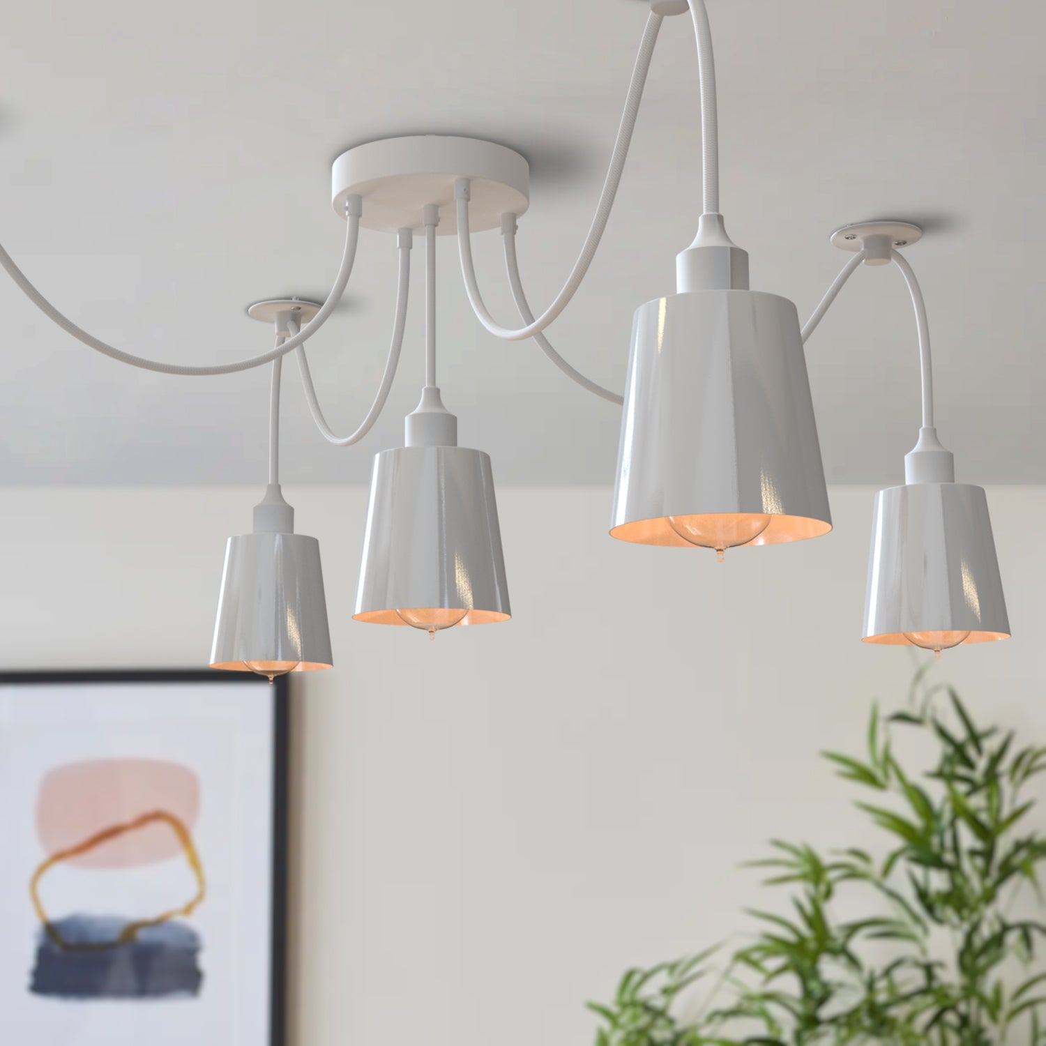 Modern Industrial 5-Way Spider Pendant Light with White Metal Shades