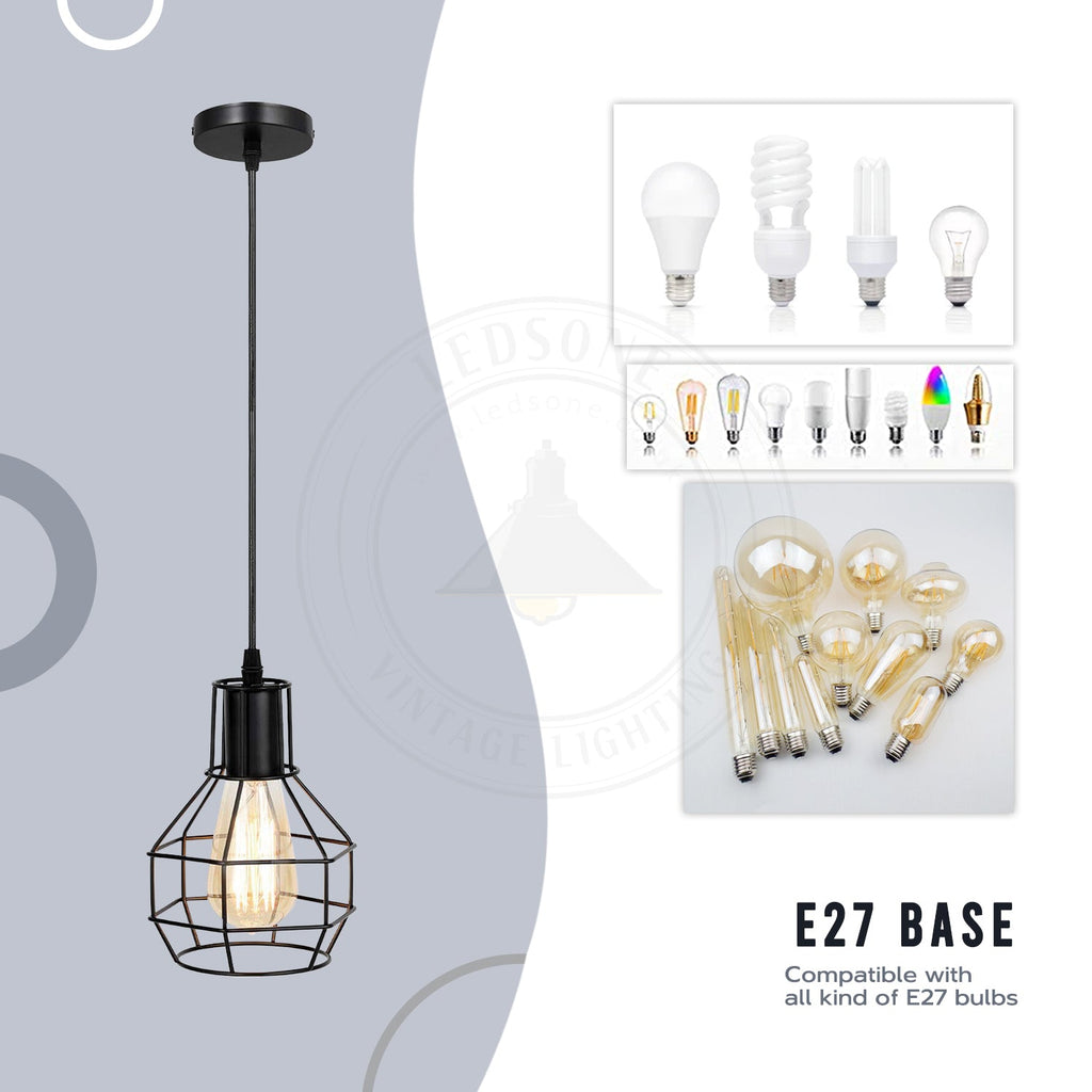 Industrial Brushed Silver Metal Wire Cage Pendant Light for Edison Bulbs