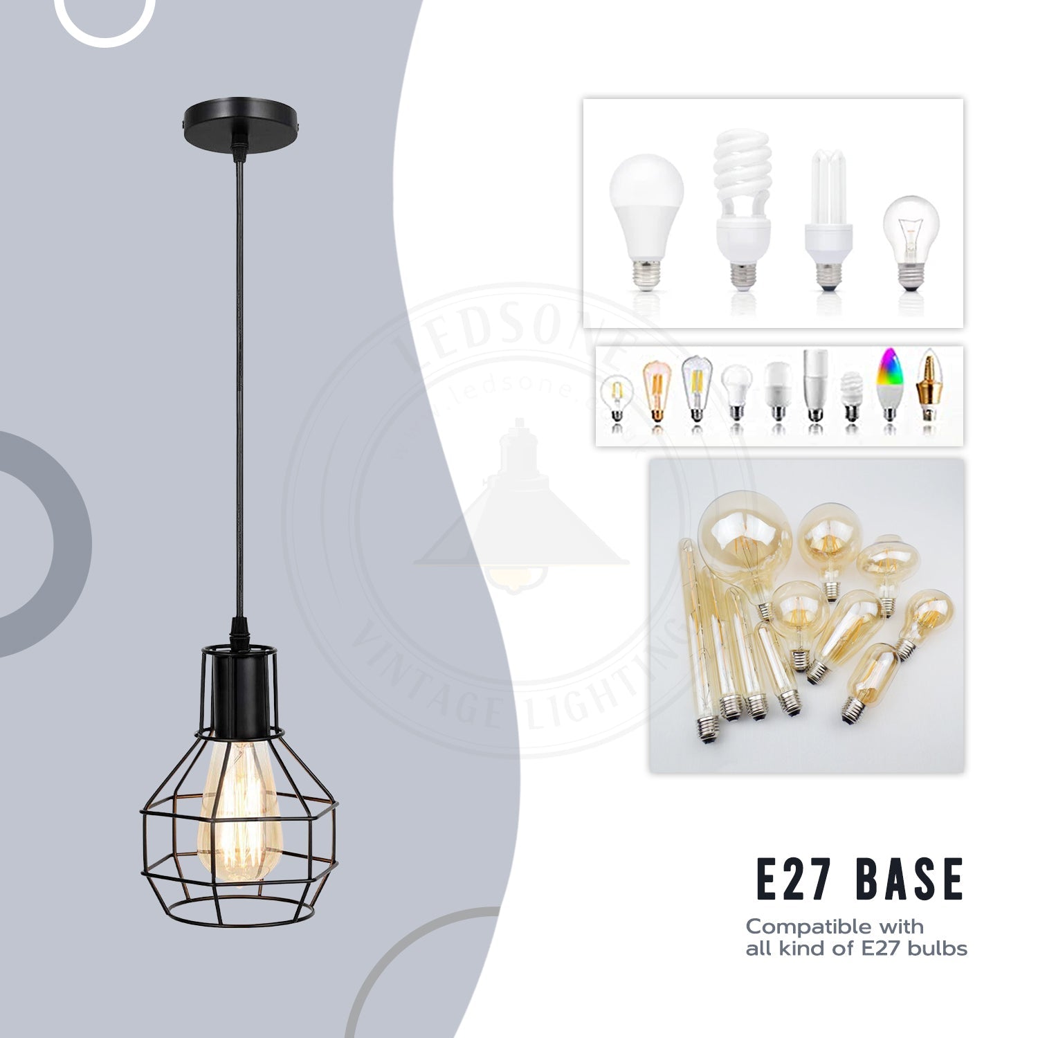 Industrial Brushed Silver Metal Wire Cage Pendant Light for Edison Bulbs