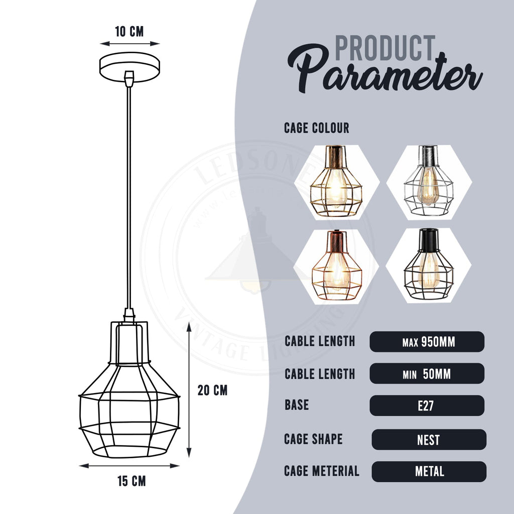 Industrial Brushed Silver Metal Wire Cage Pendant Light for Edison Bulbs