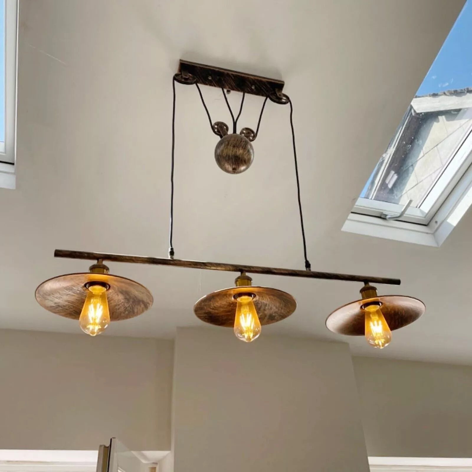 Vintage Industrial 3 Light Brushed Copper Pulley Pendant Ceiling Fixture
