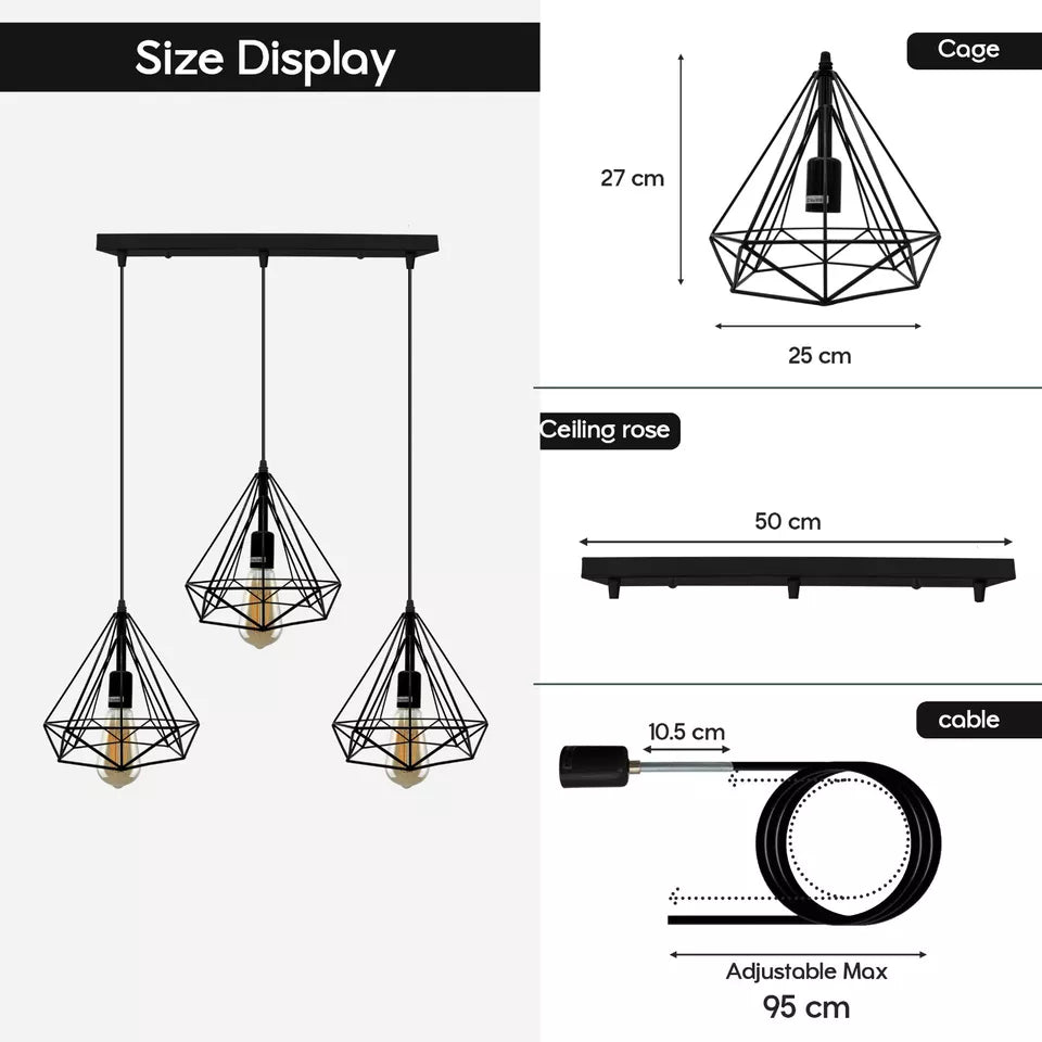 3 Head Rectangle Diamond Cage Ceiling Light Hanging Pendant Light~5646