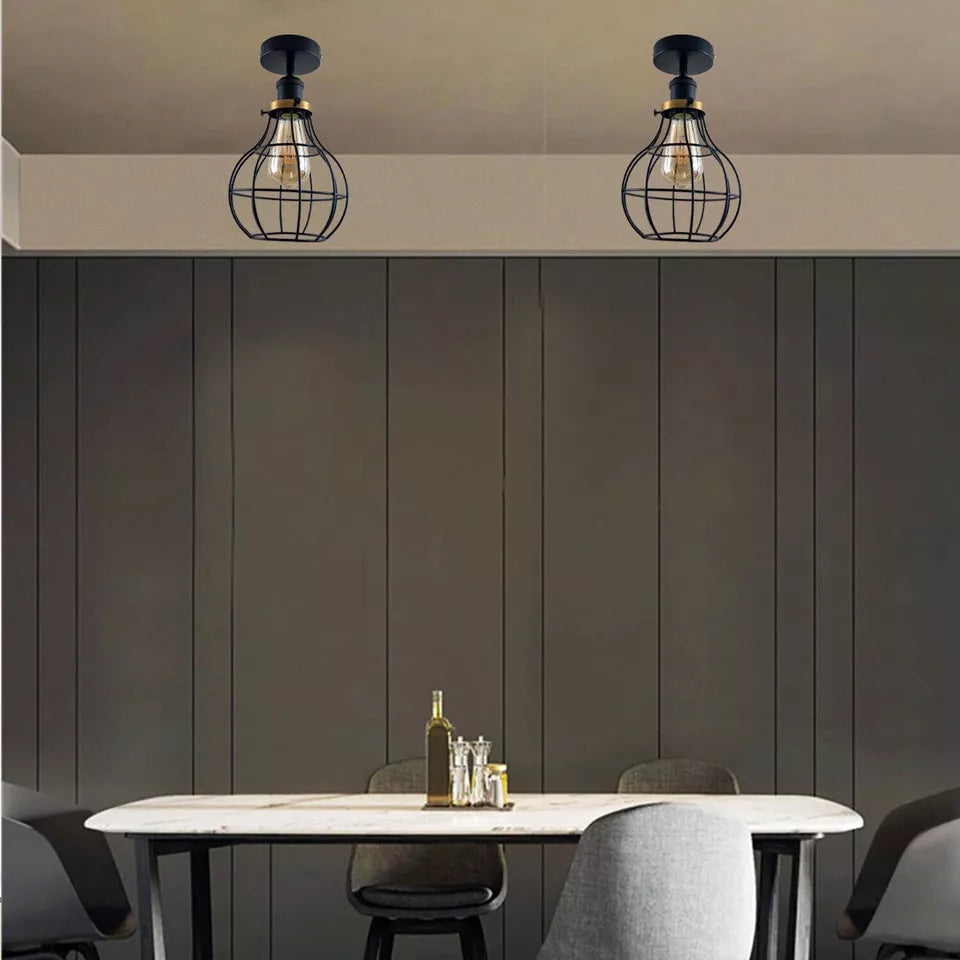 Vintage Industrial Black Metal Cage Flush Mount Ceiling Light