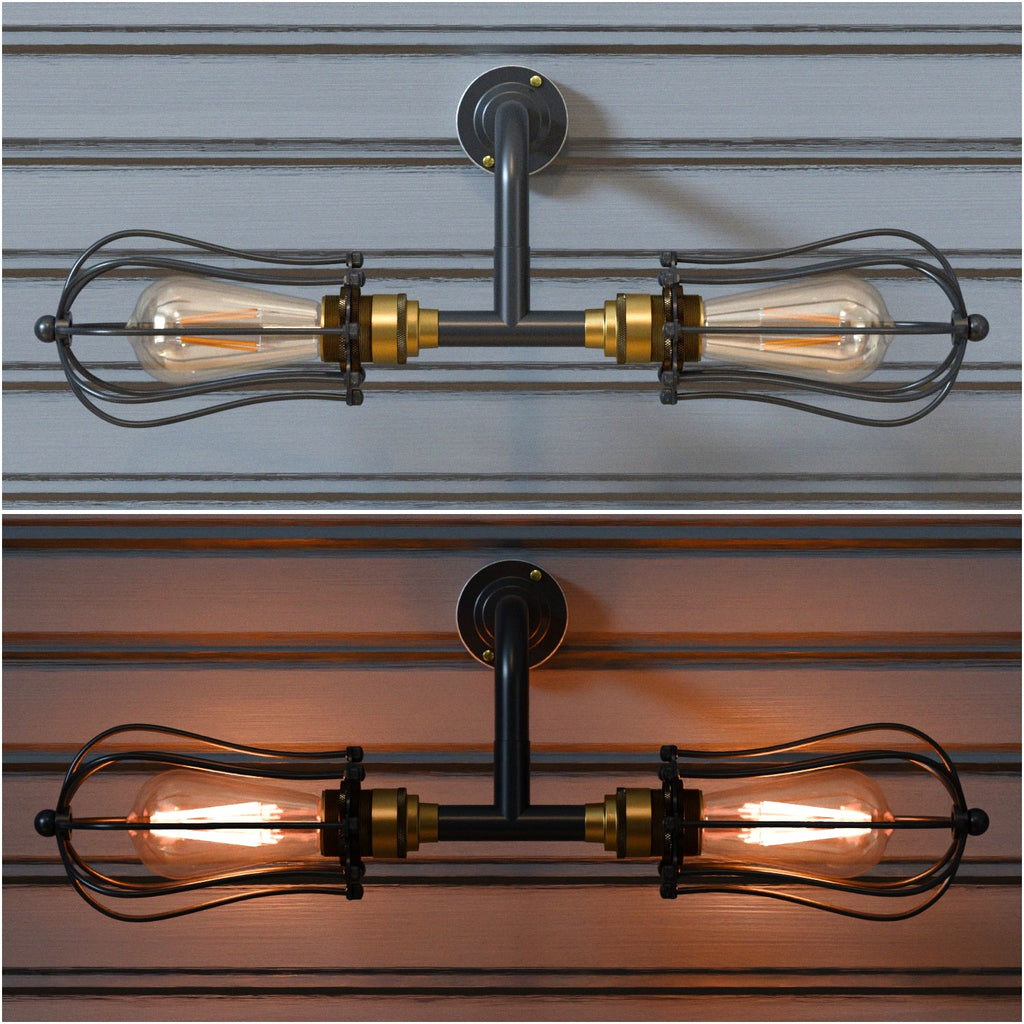 Industrial 2-Way Cage Conduit Wall Light Fixture - Vintage Black Metal Sconce