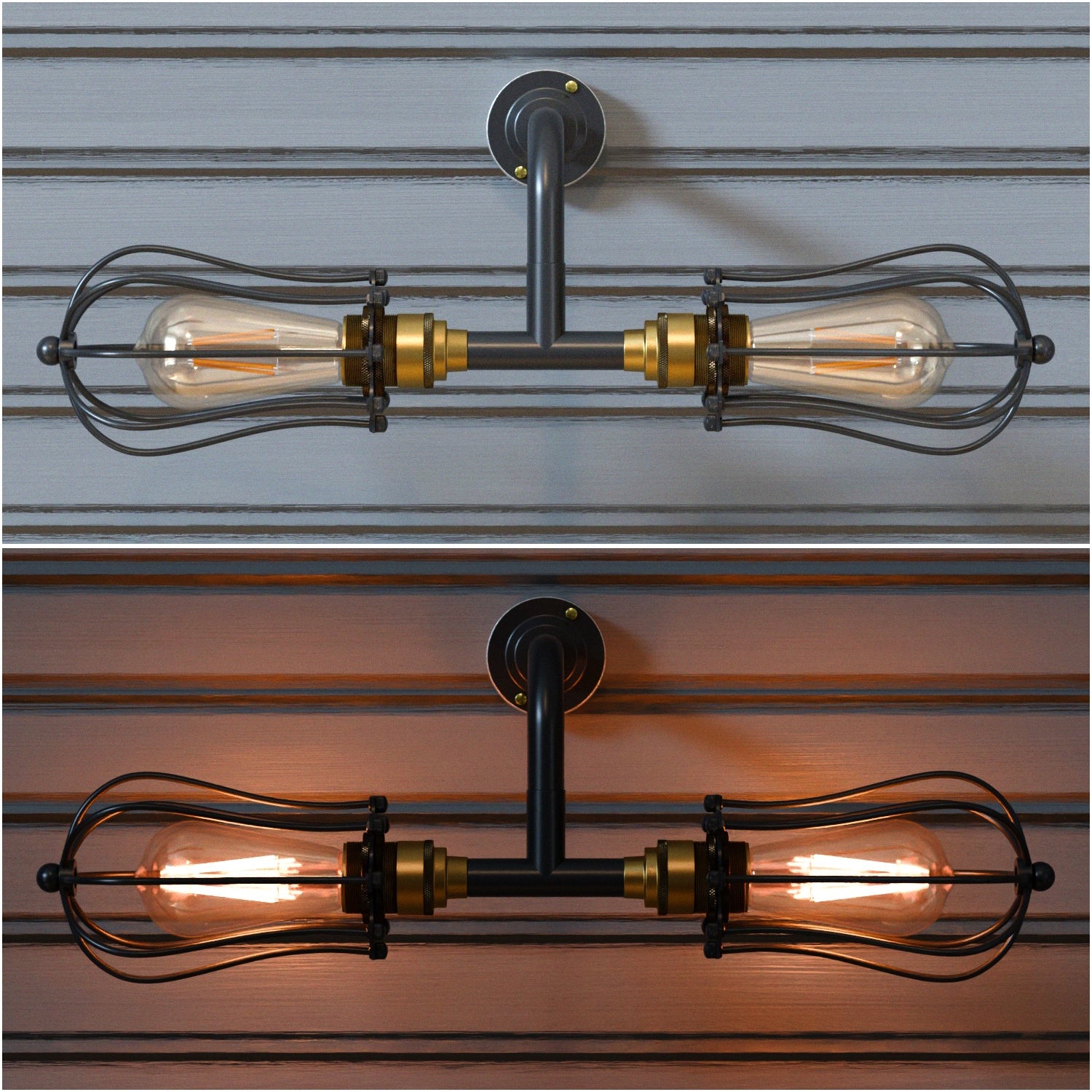 Industrial Black Metal Conduit Cage Wall Light Fixture, Two-Way Vintage Design