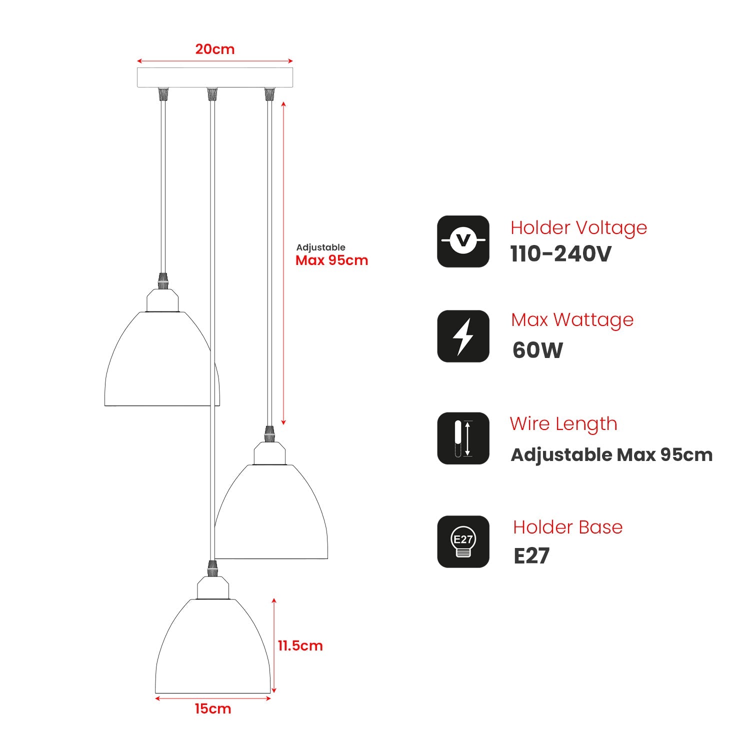 Modern Industrial 3-Head Pendant Light with Adjustable Cables, E27 Base
