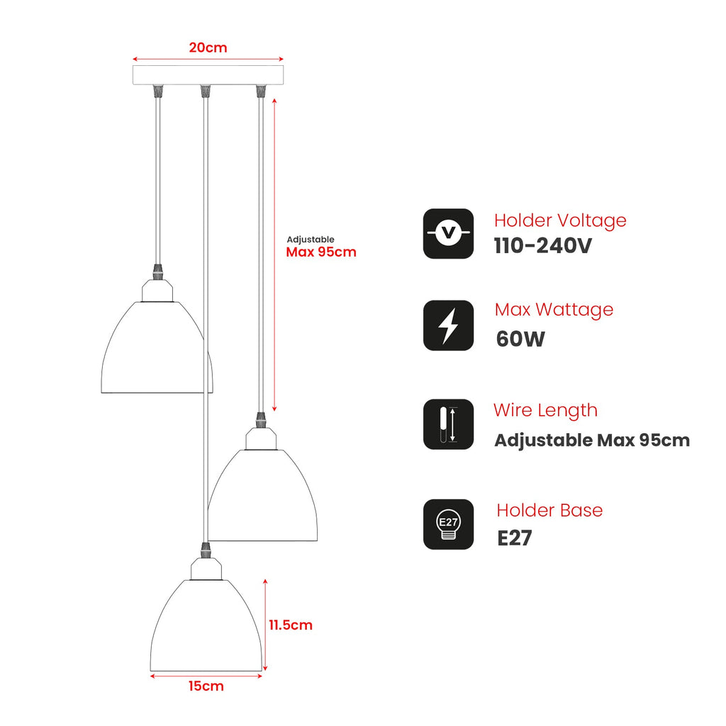 Industrial 3-Head Adjustable Cable Pendant Light with Metal Shades
