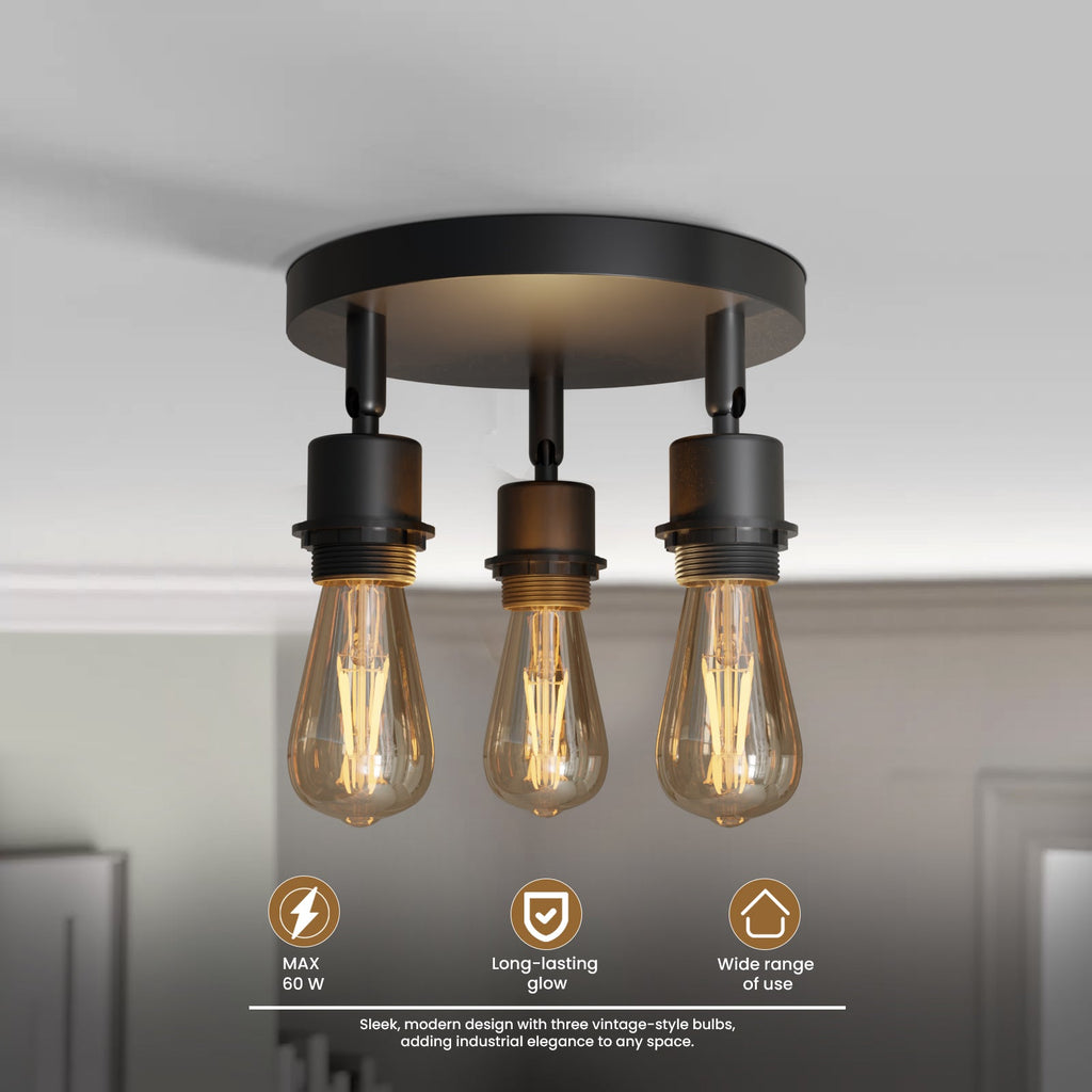 Modern Black Metal 3-Way Adjustable Semi Flush Mount Ceiling Light Fixture