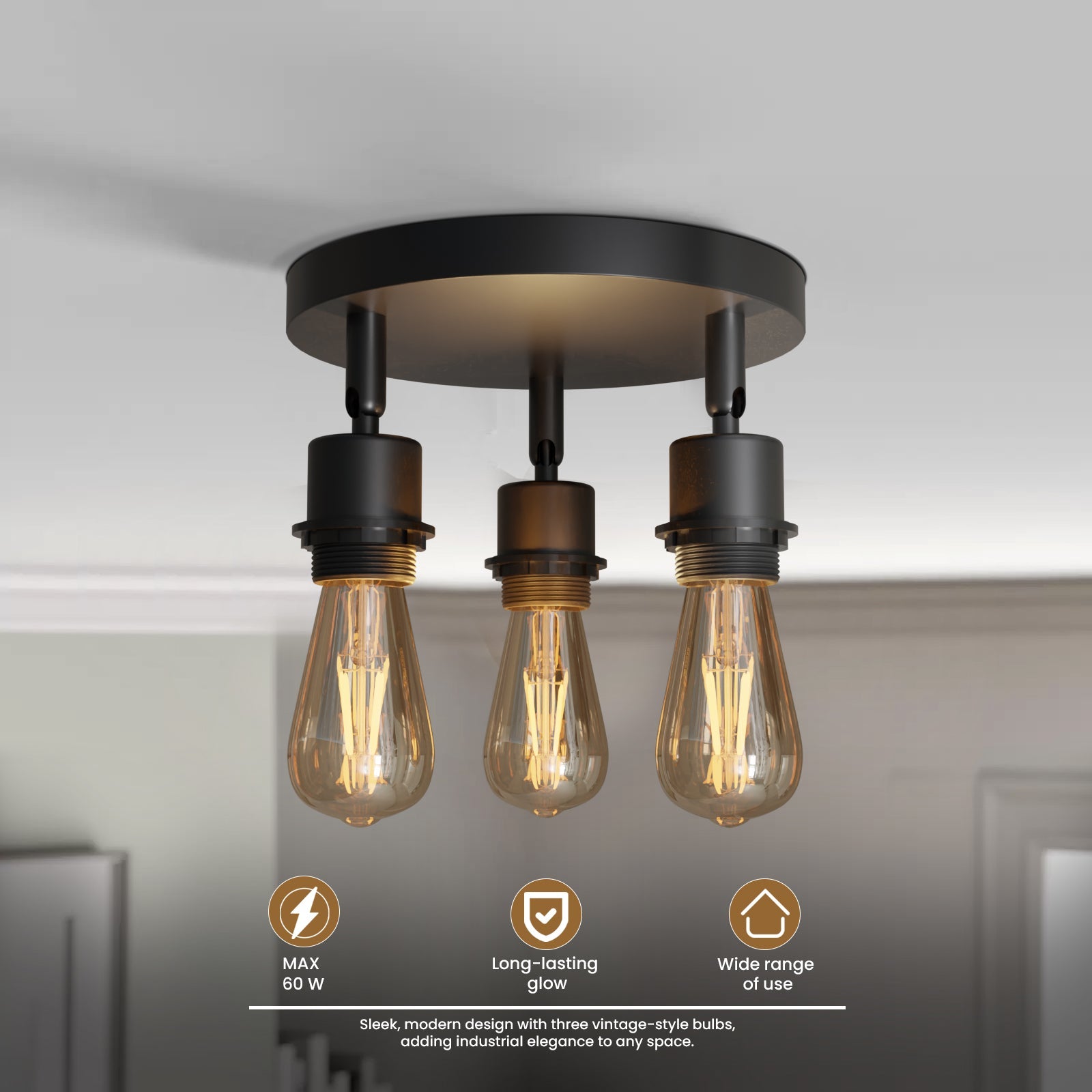 Modern Black Metal 3-Way Adjustable Semi Flush Mount Ceiling Light Fixture