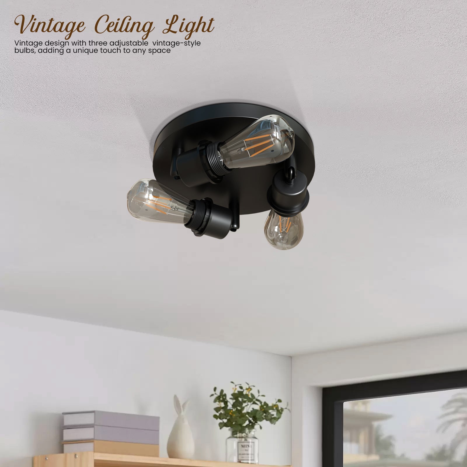 Modern Black Metal 3-Way Adjustable Semi Flush Mount Ceiling Light Fixture
