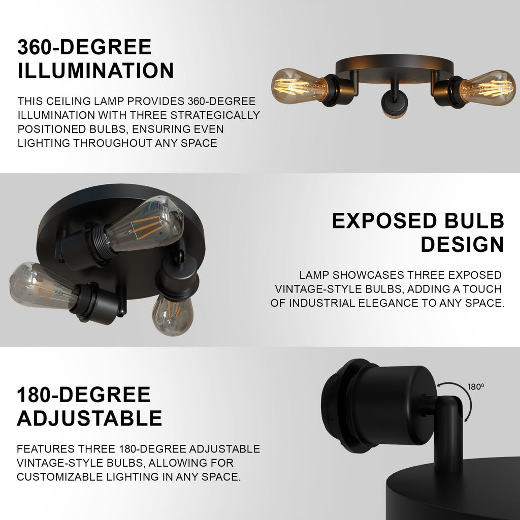 Modern Black Metal 3-Way Adjustable Semi Flush Mount Ceiling Light Fixture