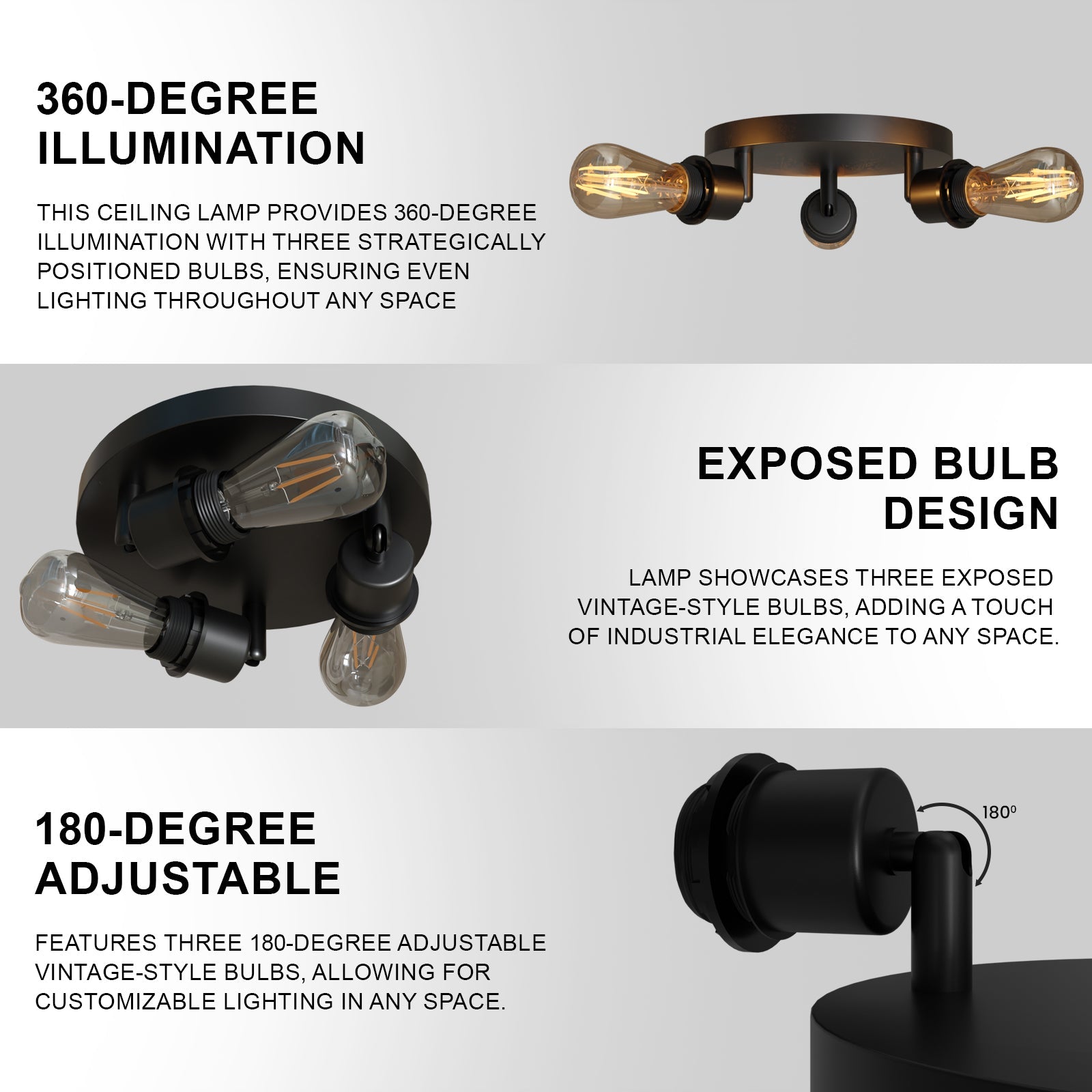Modern Black Metal 3-Way Adjustable Semi Flush Mount Ceiling Light Fixture