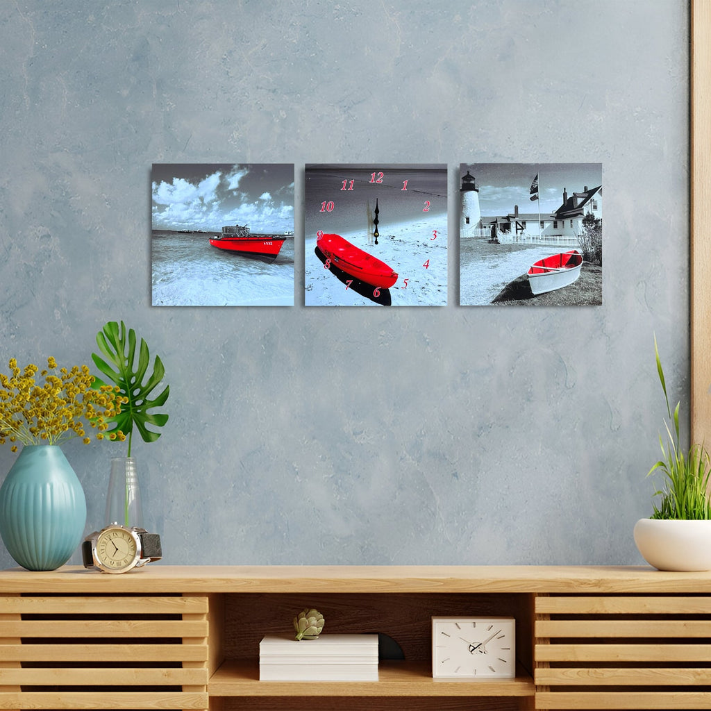 Red Boat 3-Panel Wall Art Clock: Modern Coastal Decor for Living Rooms