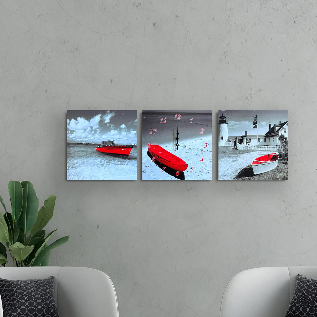 Red Boat 3-Panel Wall Art Clock: Modern Coastal Decor for Living Rooms
