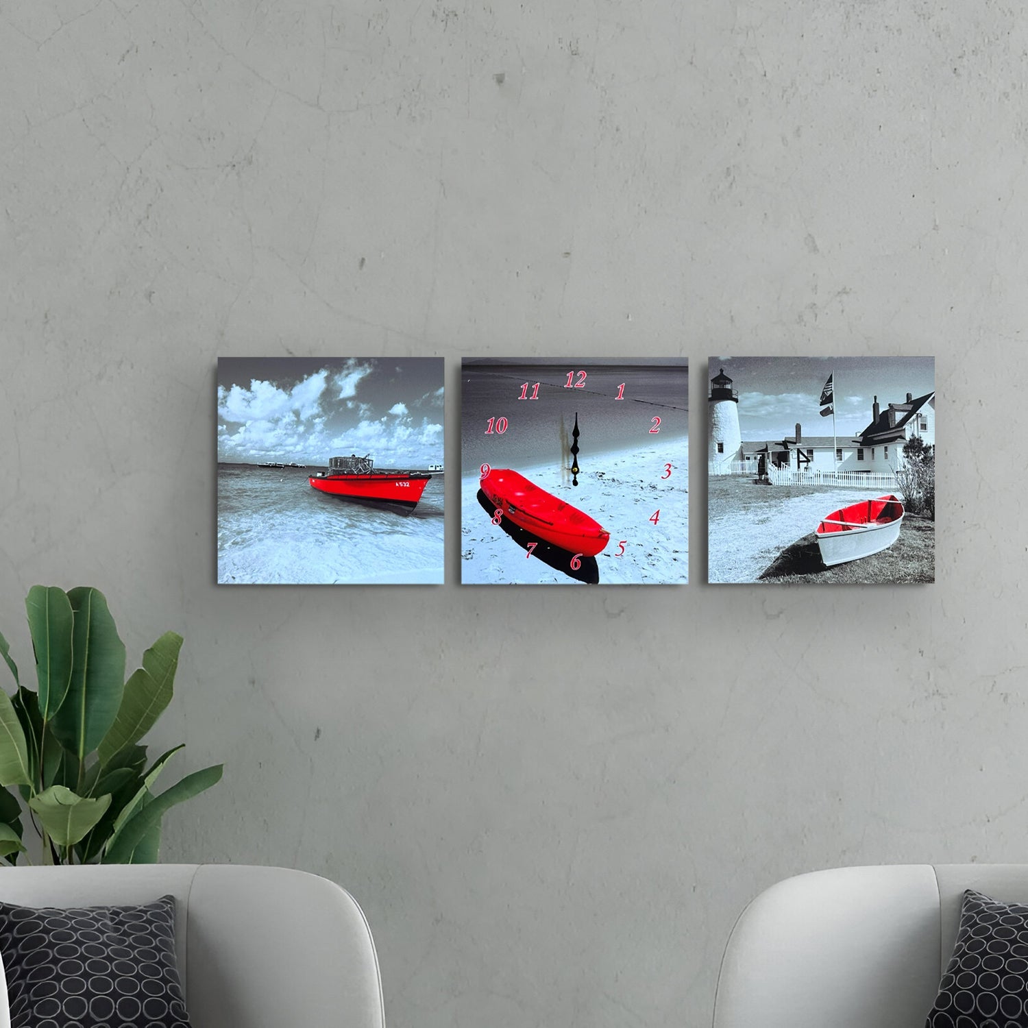 Red Boat 3-Panel Wall Art Clock: Modern Coastal Decor for Living Rooms