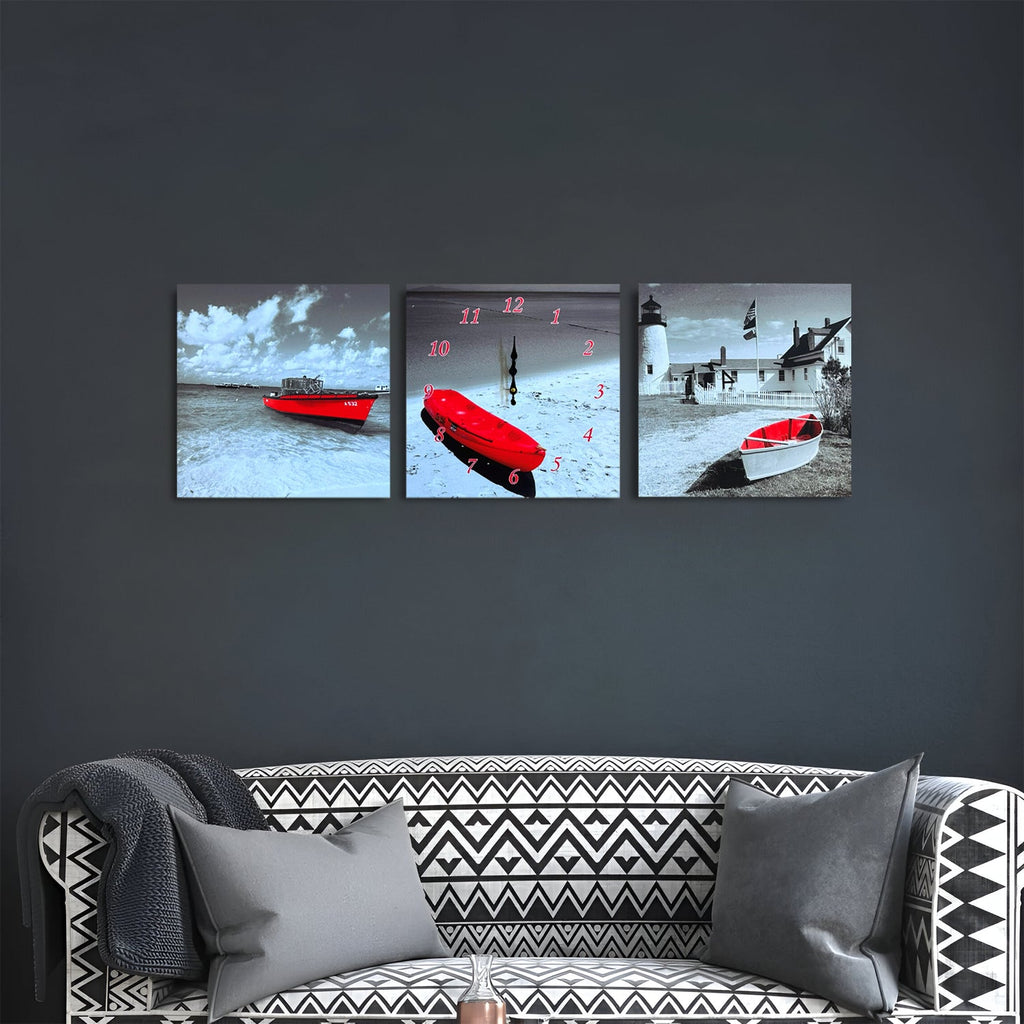 Red Boat 3-Panel Wall Art Clock: Modern Coastal Decor for Living Rooms