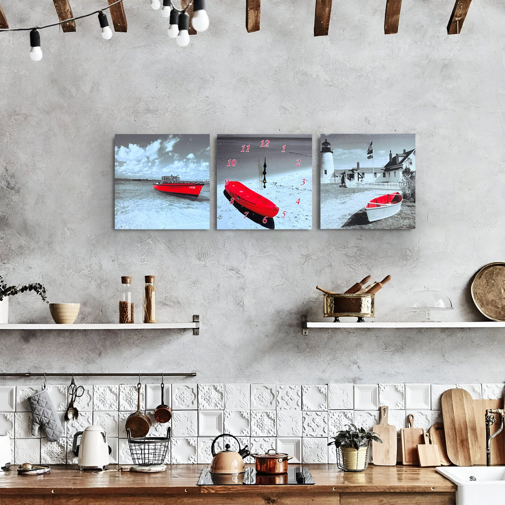 Red Boat 3-Panel Wall Art Clock: Modern Coastal Decor for Living Rooms