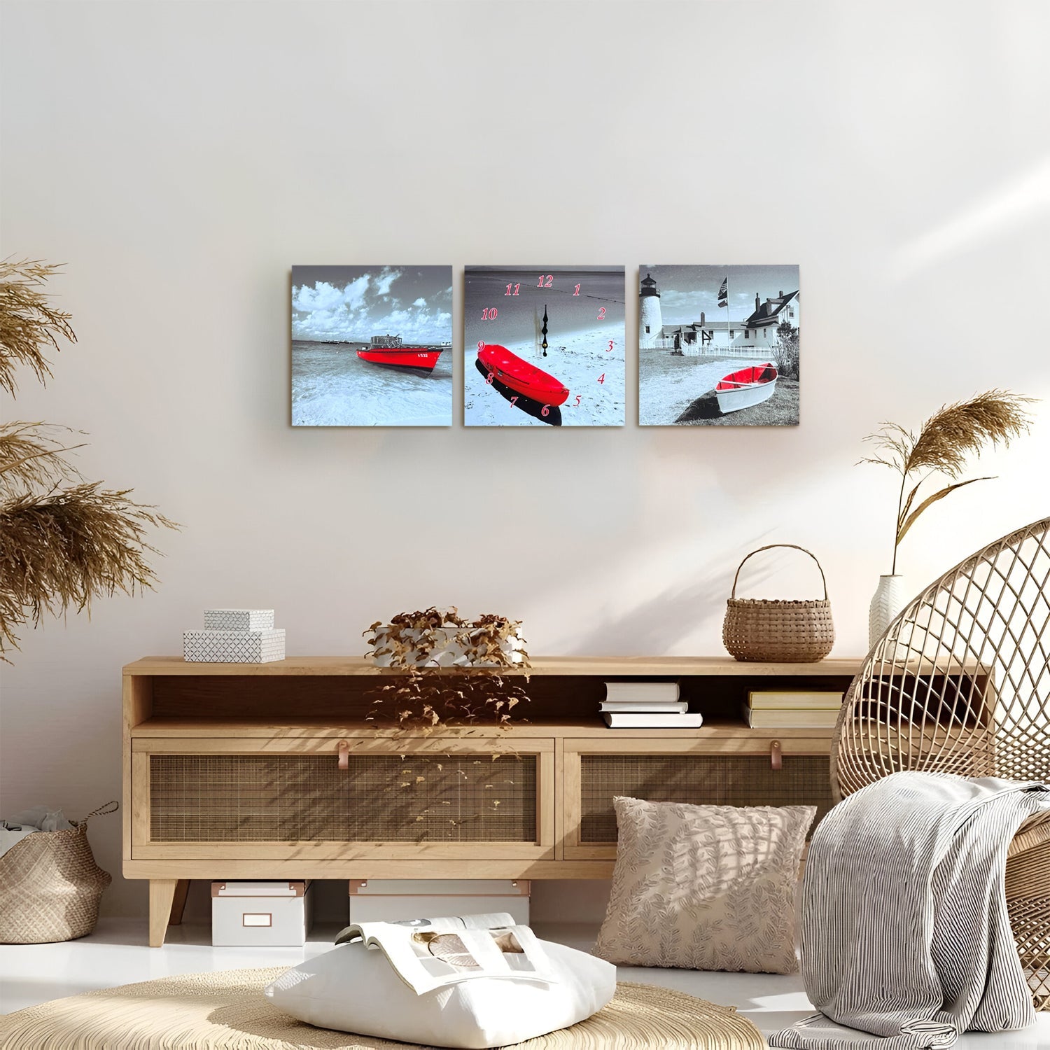 Red Boat 3-Panel Wall Art Clock: Modern Coastal Decor for Living Rooms