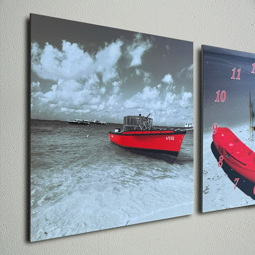 Red Boat 3-Panel Wall Art Clock: Modern Coastal Decor for Living Rooms