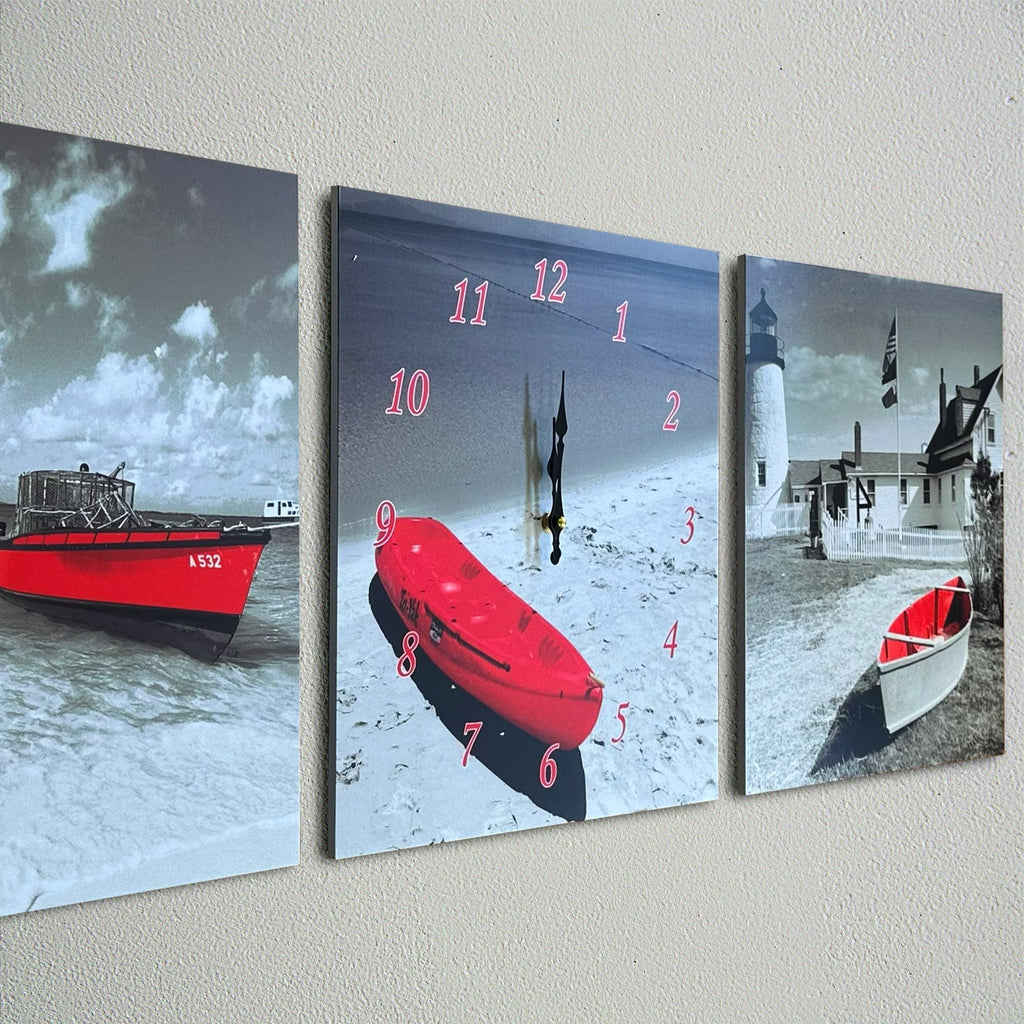 Red Boat 3-Panel Wall Art Clock: Modern Coastal Decor for Living Rooms
