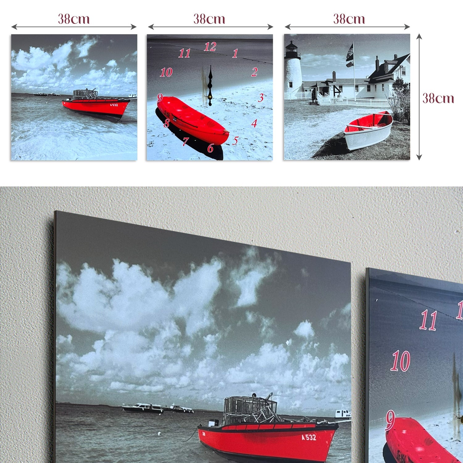 Red Boat 3-Panel Wall Art Clock: Modern Coastal Decor for Living Rooms